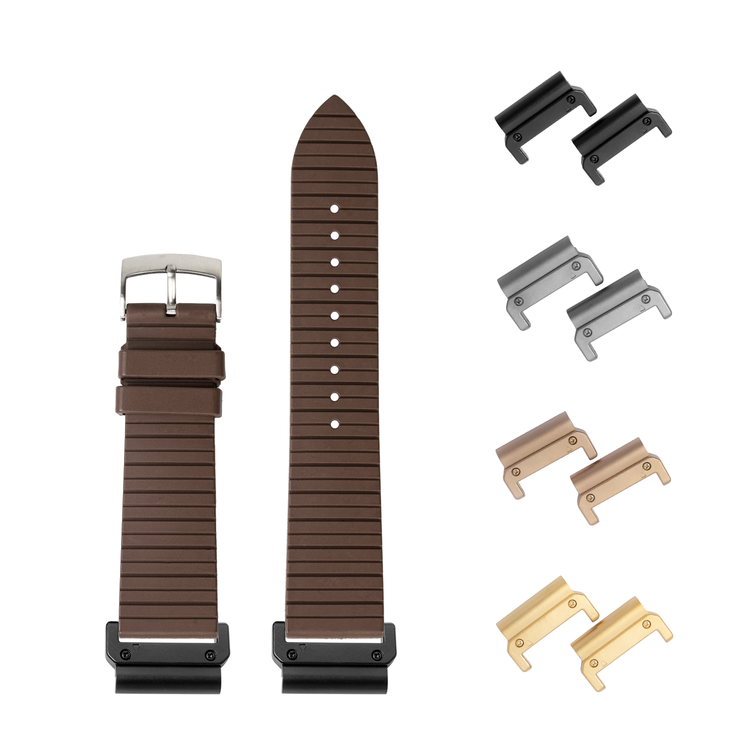 Brown leather quick-release watch band 22mm with interchangeable metal lugs in black, silver, rose gold and gold finishes
