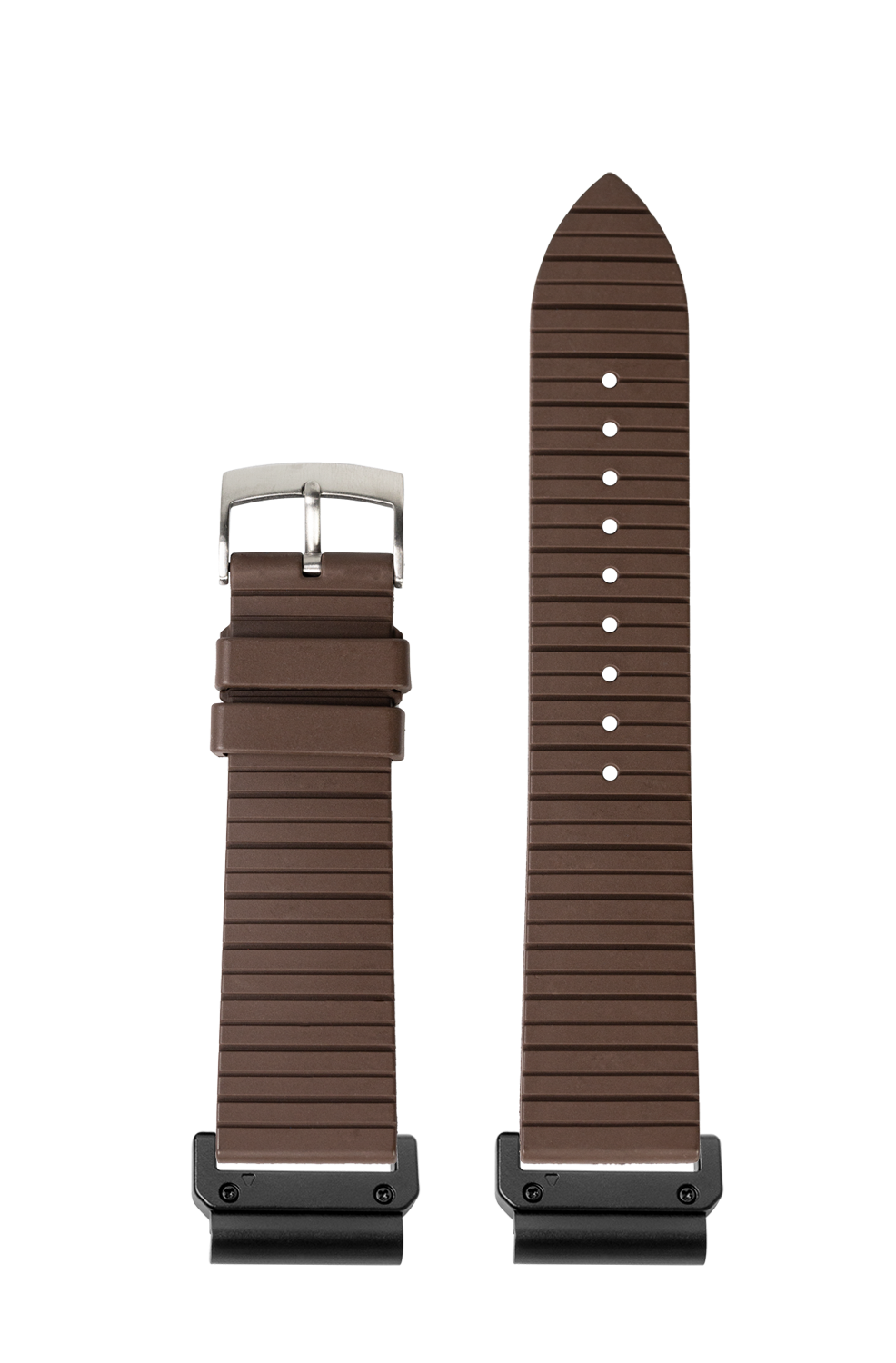 Brown rubber watch strap with quick-fit system, stainless steel buckle, and horizontal texture detail for sports watches