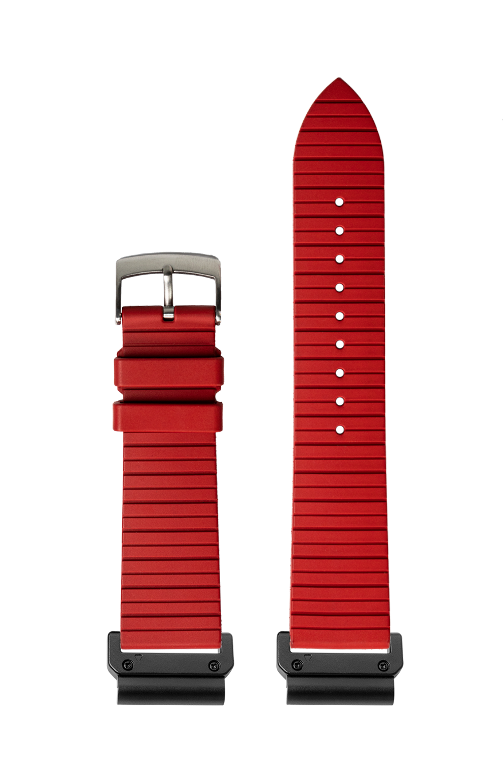 Red QuickFit FKM rubber watch band 22mm with silver buckle and black lug adapter, shown separated and assembled view