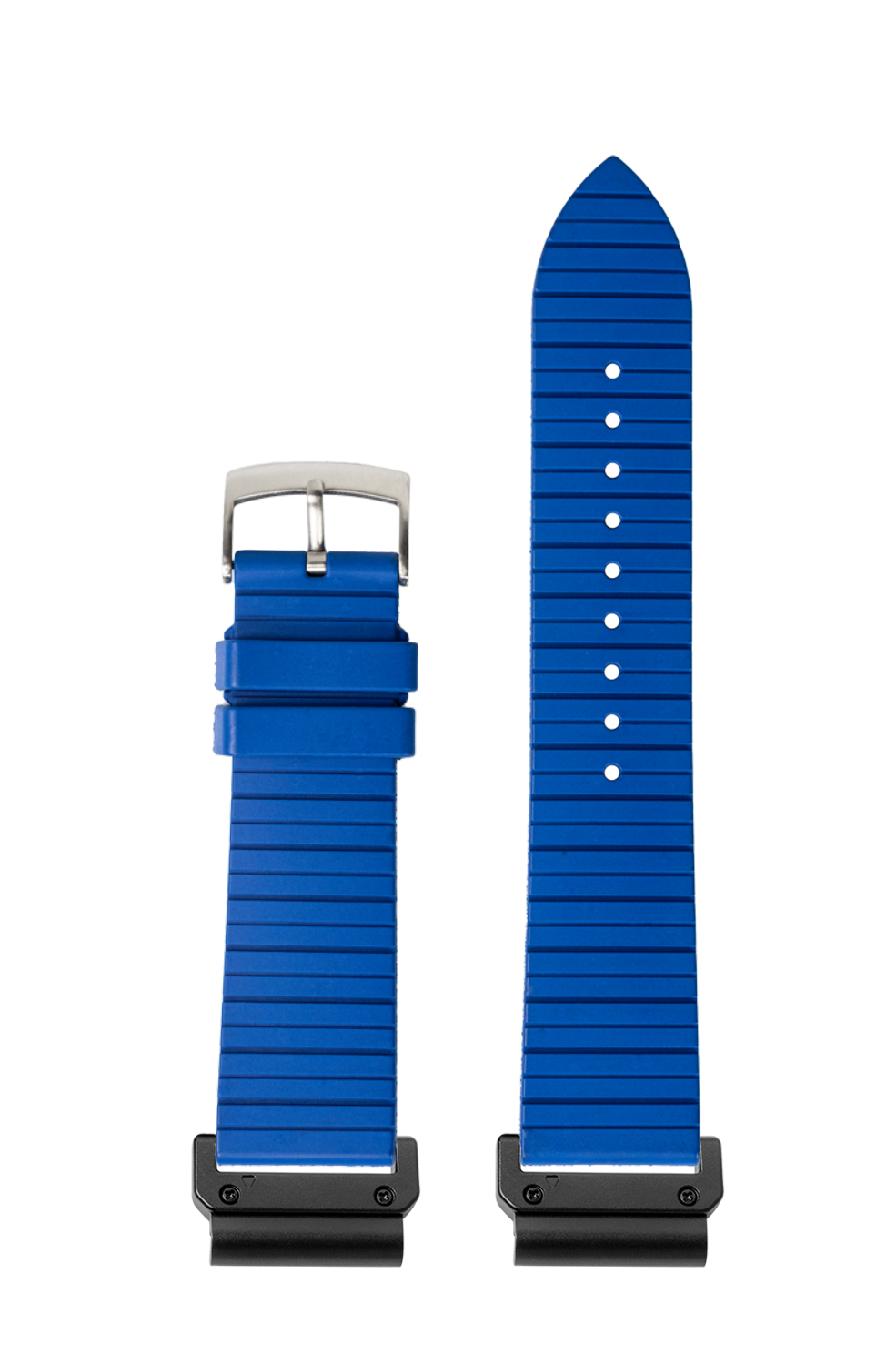 Royal blue rubber watch strap with quick fit bars, 22mm width, shown with metal buckle and replacement band