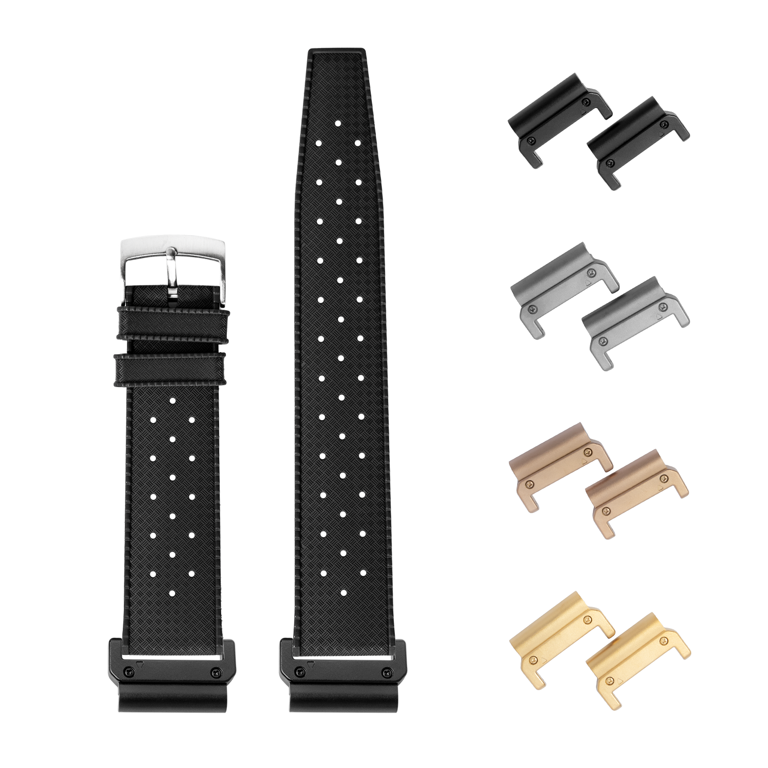 QuickFit King Tropic FKM rubber watch strap in black 22mm with interchangeable metal lugs in multiple finishes