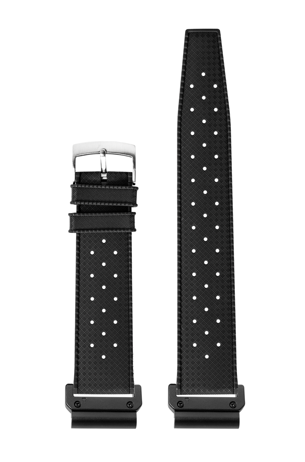 Black FKM rubber watch strap with white polka dots, 22mm QuickFit band with metal buckle and quick-release bars