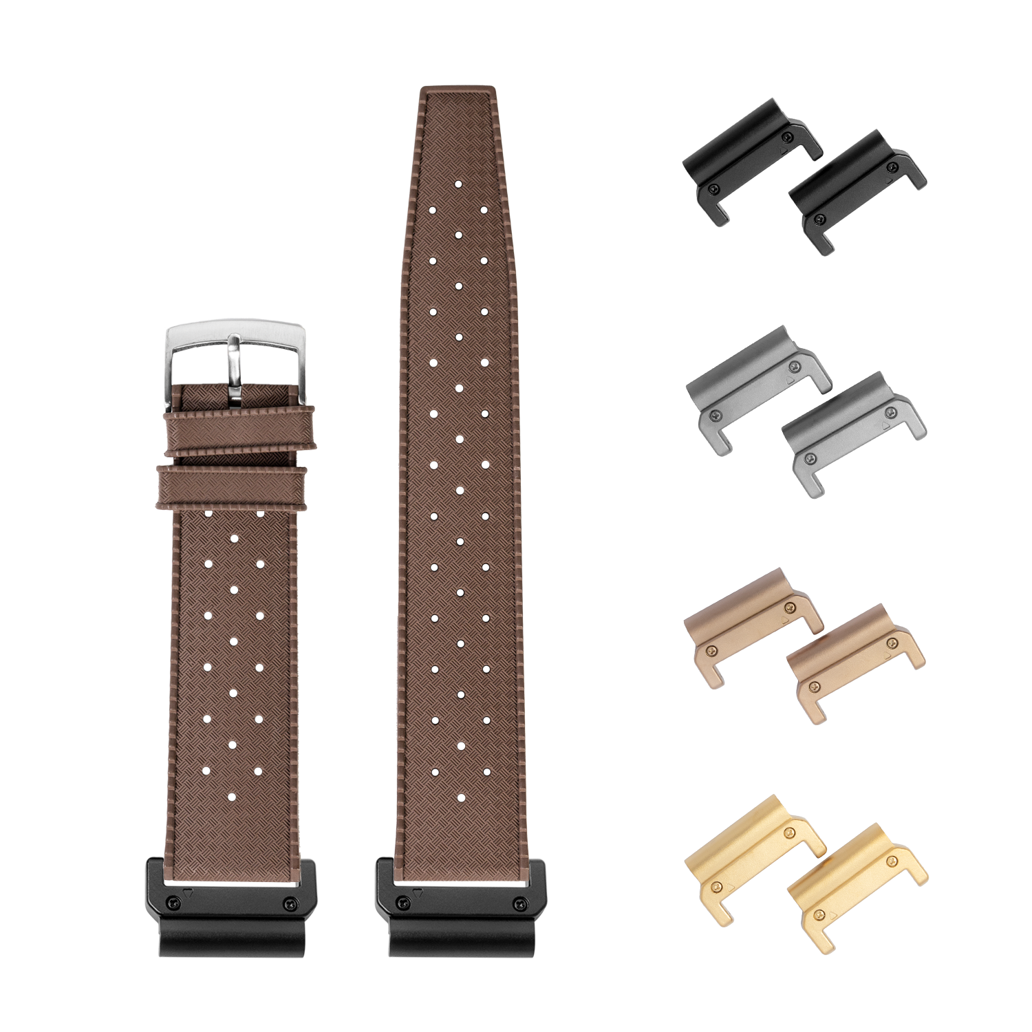 Brown perforated QuickFit watch strap with interchangeable metal lugs in black, silver, rose gold and gold finishes