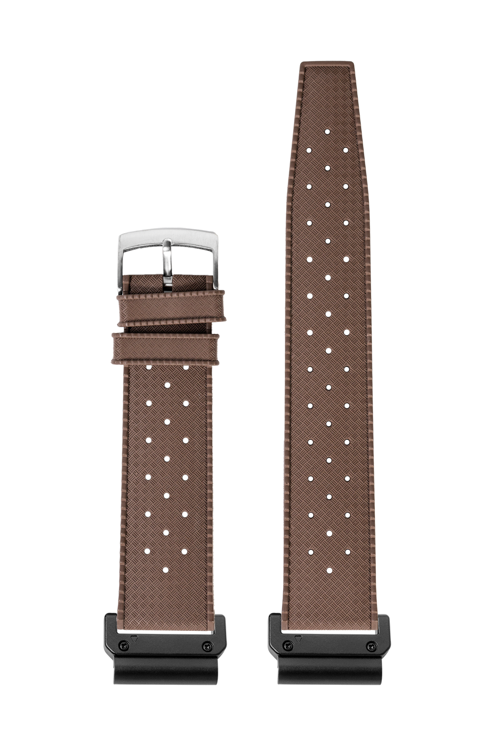 Brown QuickFit King Tropic FKM rubber watch strap 22mm with white dot pattern and stainless steel buckle