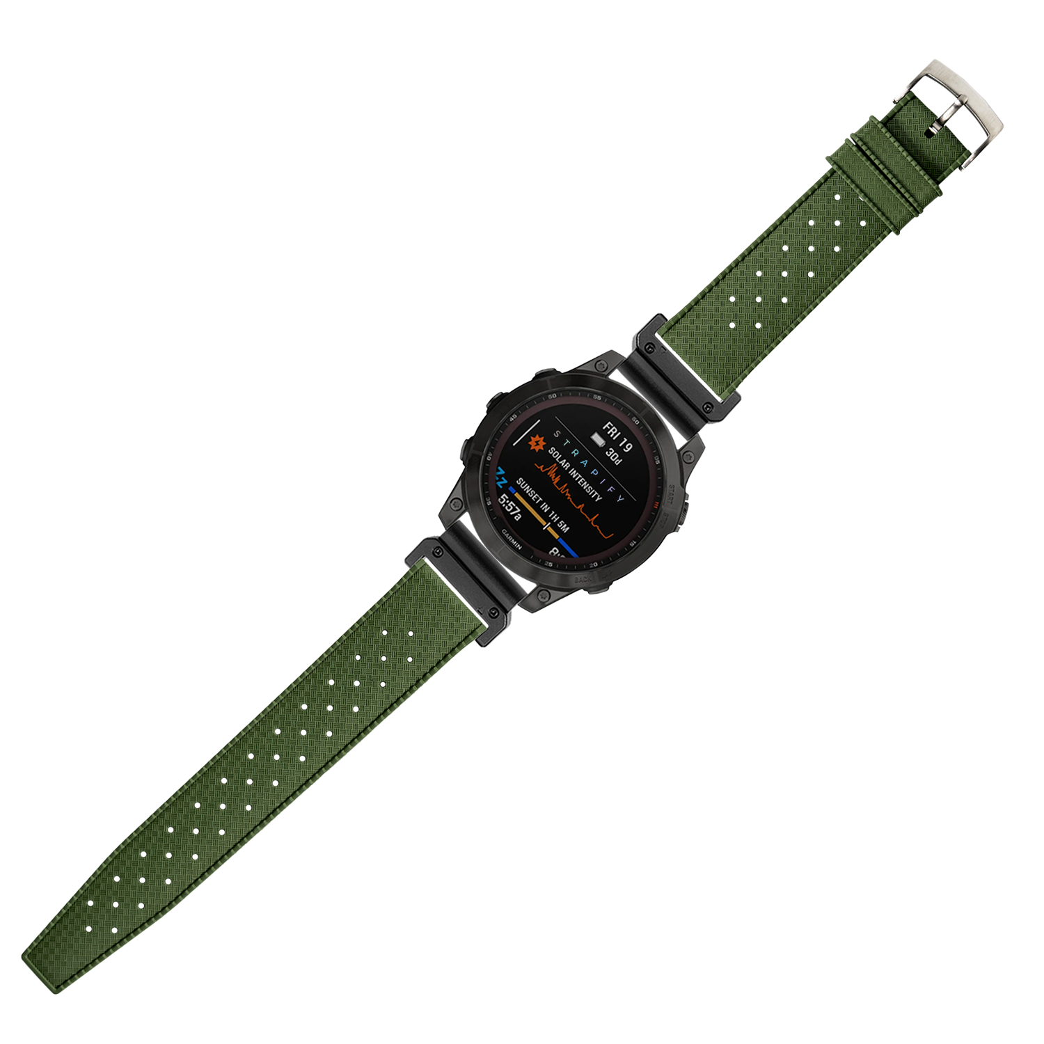 Black tactical smartwatch with forest green perforated FKM rubber strap and digital display showing fitness metrics