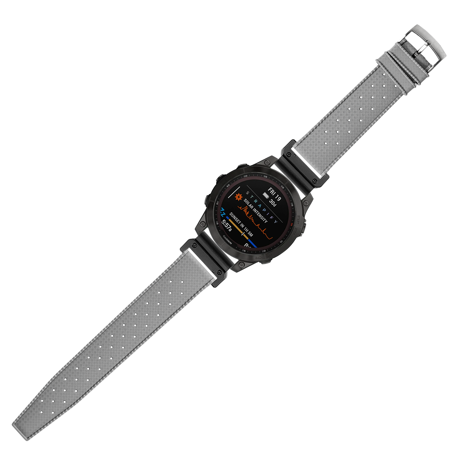 Tactical smartwatch with black case and grey perforated FKM rubber QuickFit strap displaying orange and blue digital readout on AMOLED screen