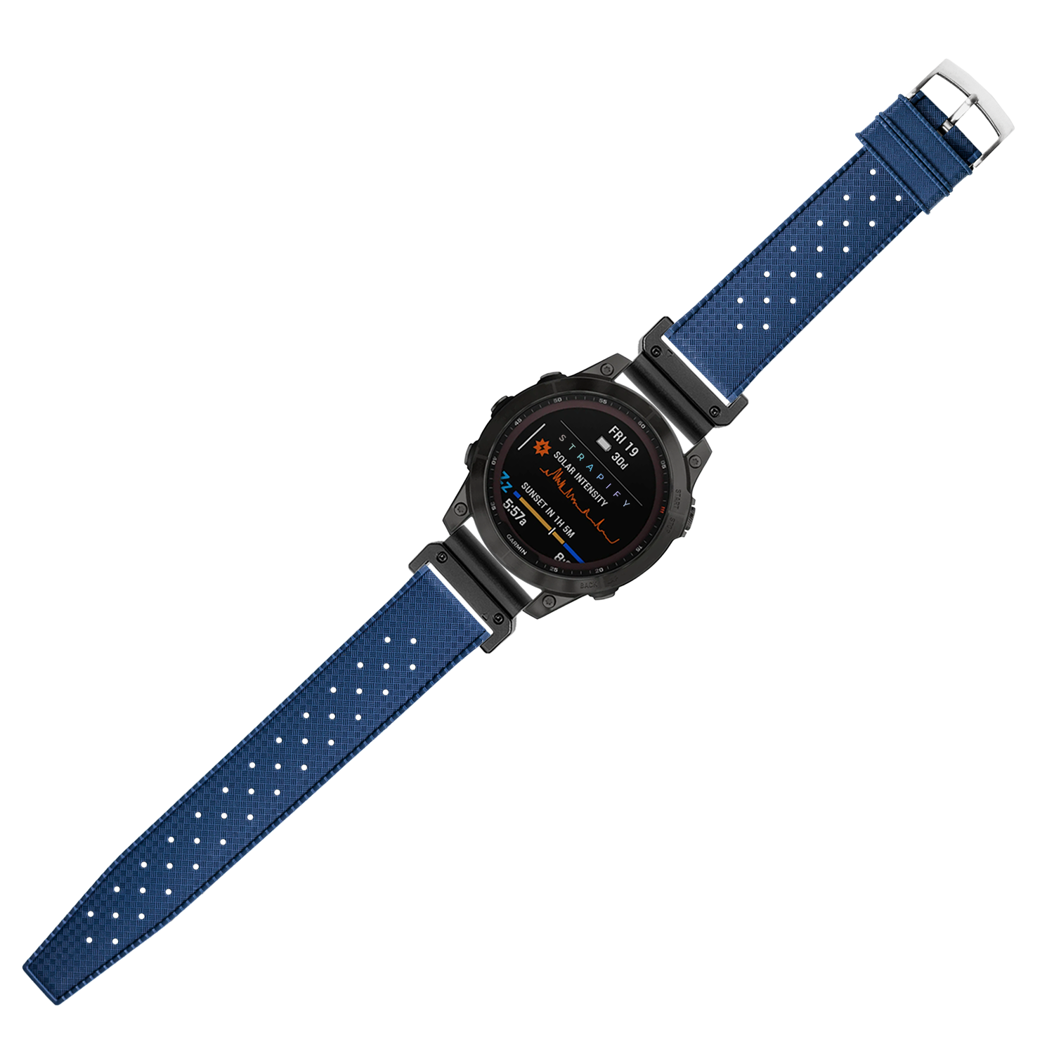 Navy blue perforated rubber watch strap with stainless steel buckle, 22mm quick-fit band