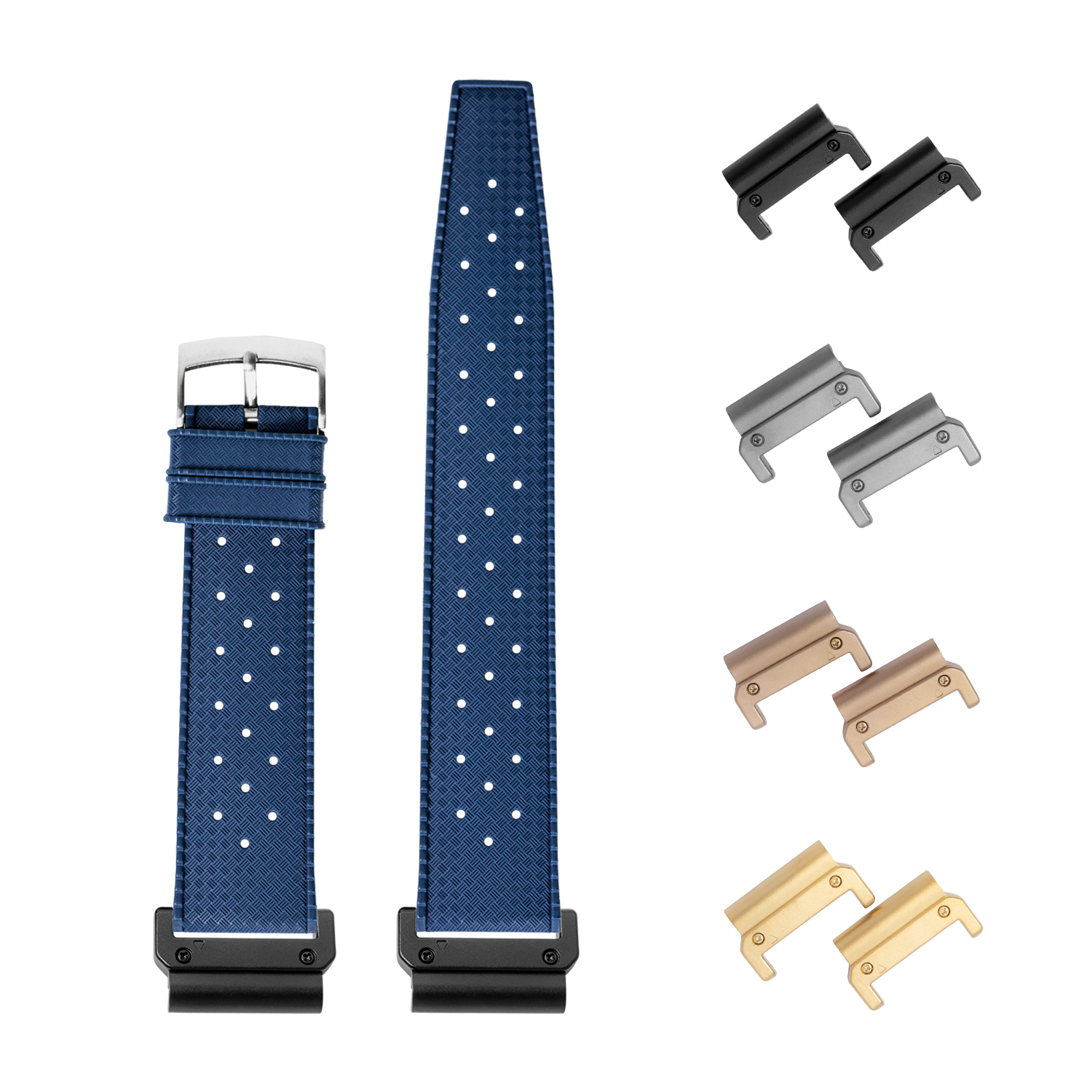 Navy blue FKM rubber watch band with white dot pattern, quick-fit spring bars, and interchangeable metal lugs in black, silver, bronze and gold finishes
