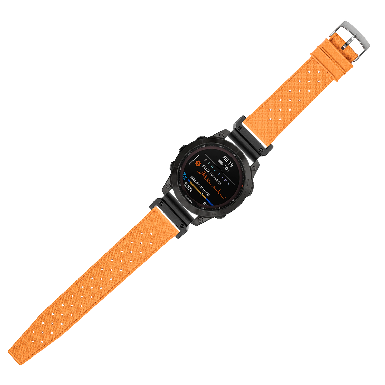 Black digital smartwatch with orange perforated FKM rubber strap and gray buckle, displaying fitness metrics on AMOLED screen