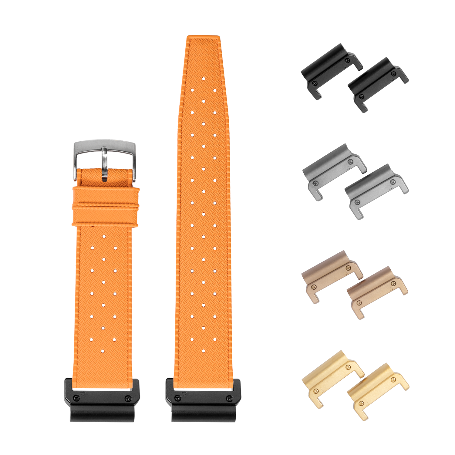 QuickFit King Tropic orange FKM rubber watch strap 22mm with interchangeable lugs in black, gray, bronze and gold
