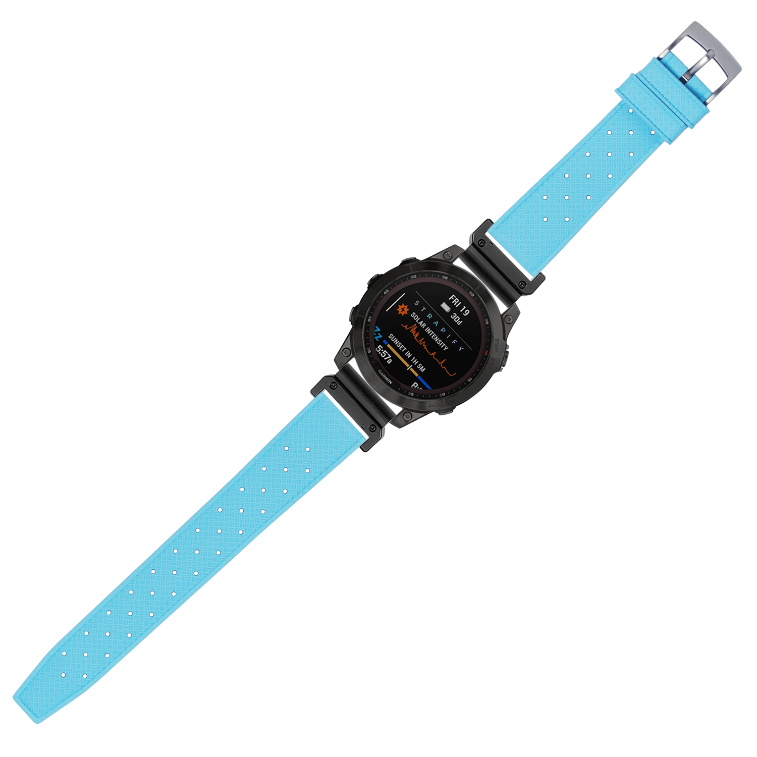 Black digital sports watch with AMOLED display and sky blue perforated FKM rubber quick-fit strap, 22mm width