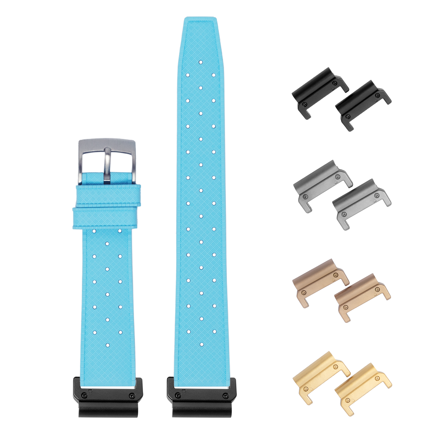 Sky blue QuickFit rubber watch strap with interchangeable metal lugs in black, silver, bronze and gold finishes