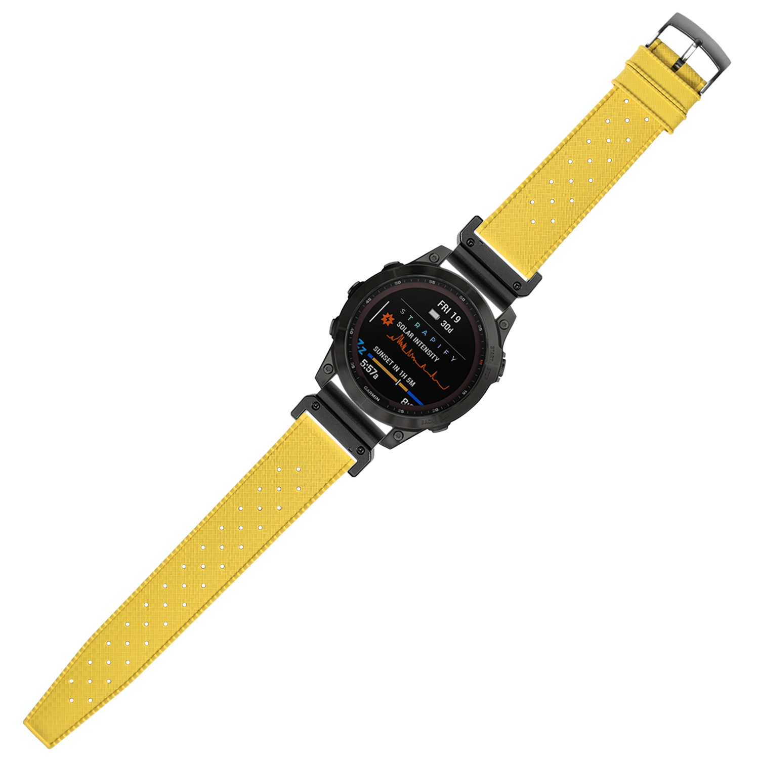 Black digital smartwatch with yellow perforated FKM rubber quick-fit band and AMOLED display showing fitness metrics