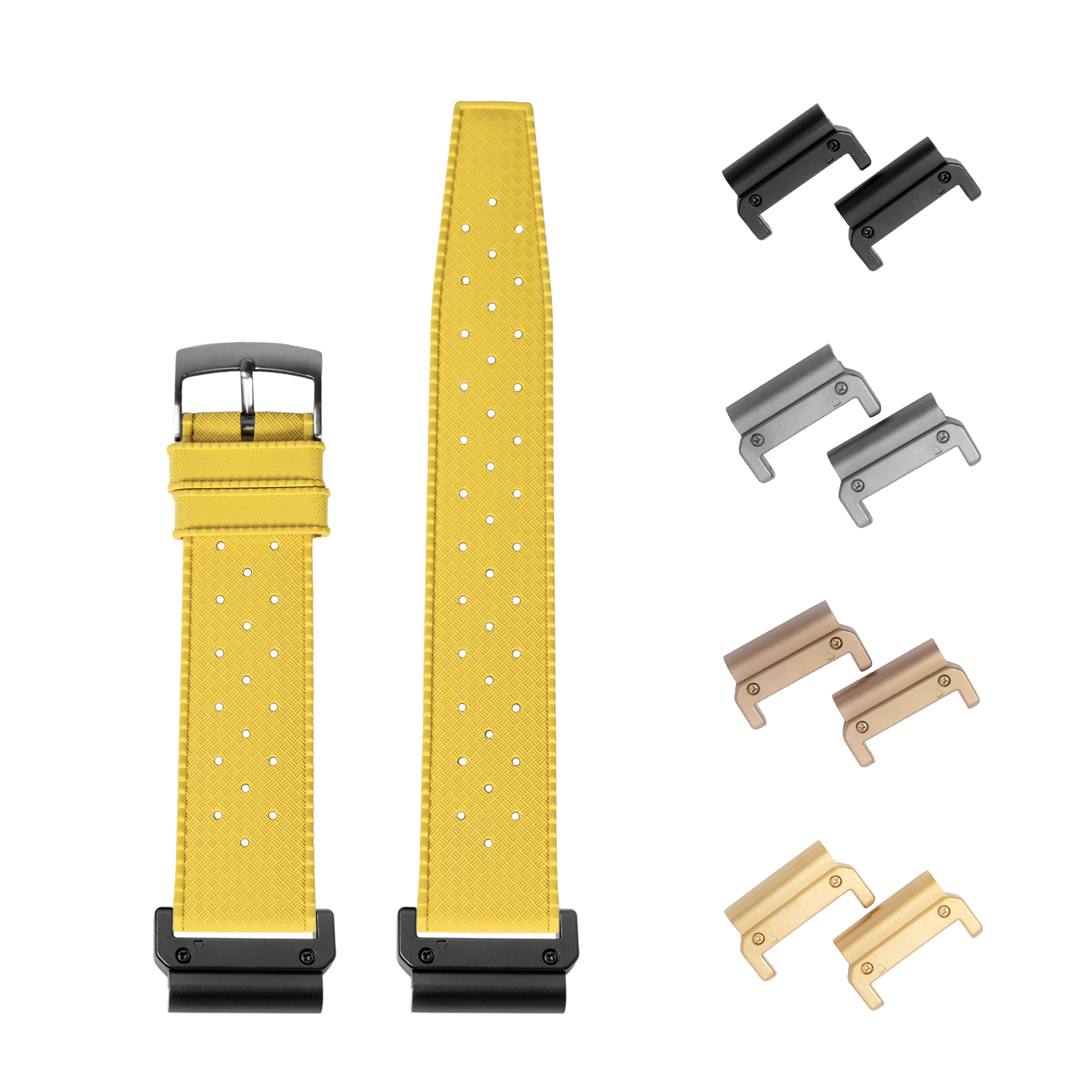 Yellow QuickFit rubber watch strap 22mm with interchangeable metal lugs in black, silver, bronze and gold finishes