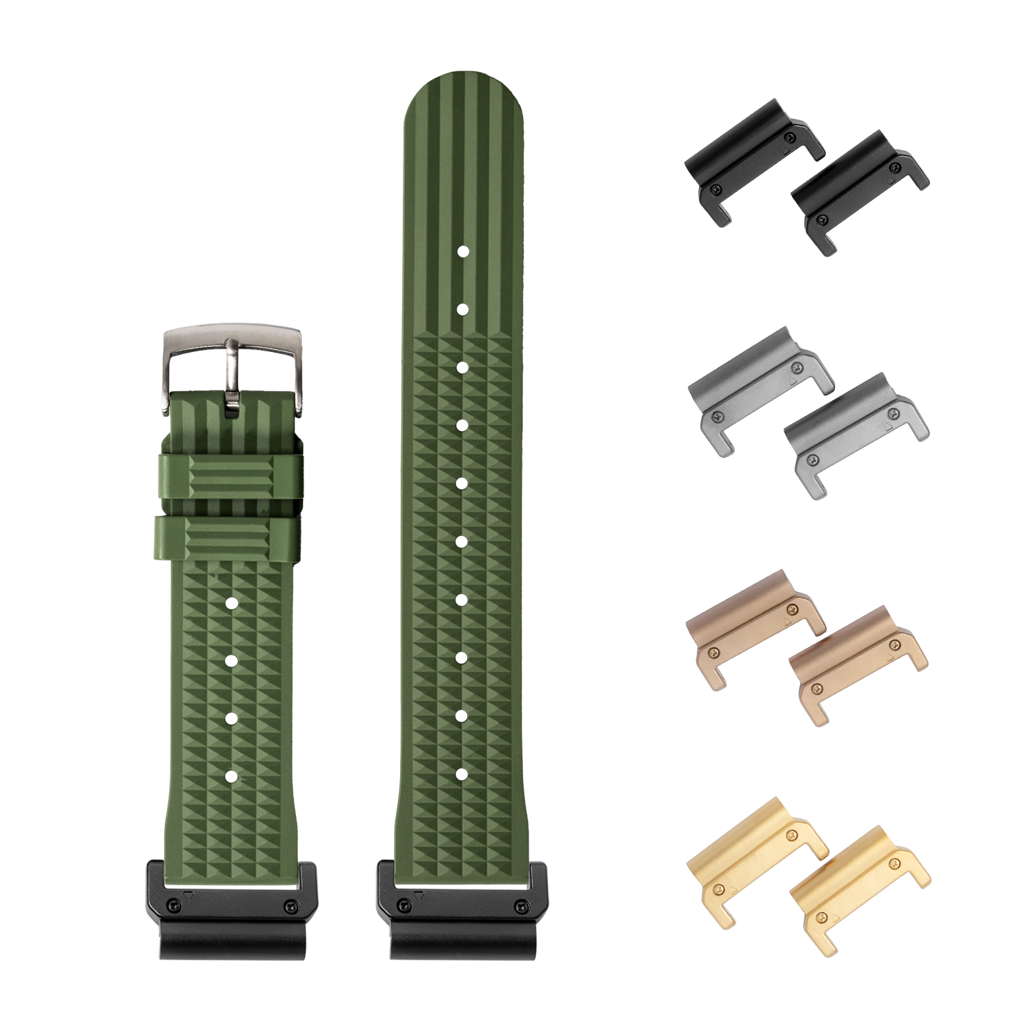QuickFit King Waffle FKM rubber watch strap army green 22mm with interchangeable metal lugs in black, silver, bronze and gold finishes
