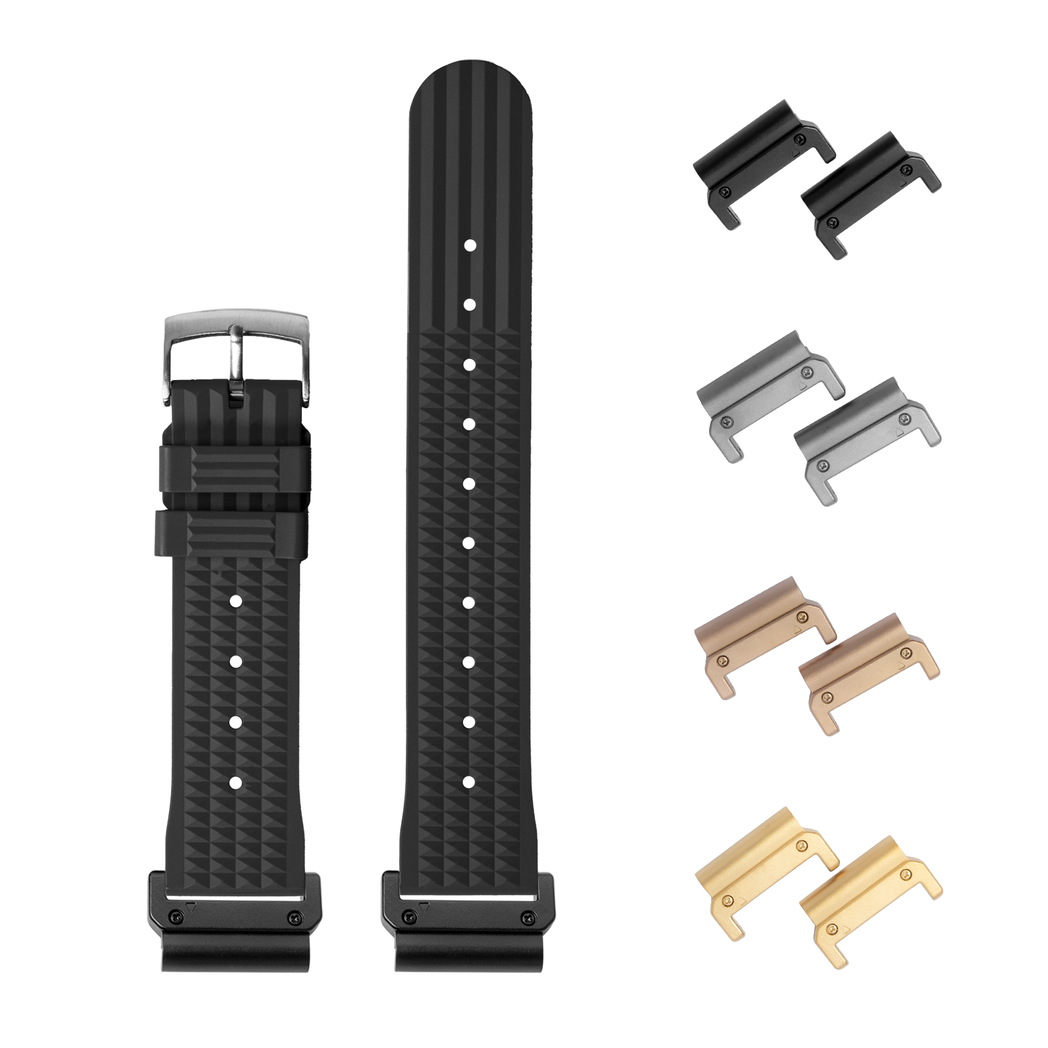 QuickFit King Waffle FKM rubber watch band 22mm black with interchangeable metal lugs in multiple finishes