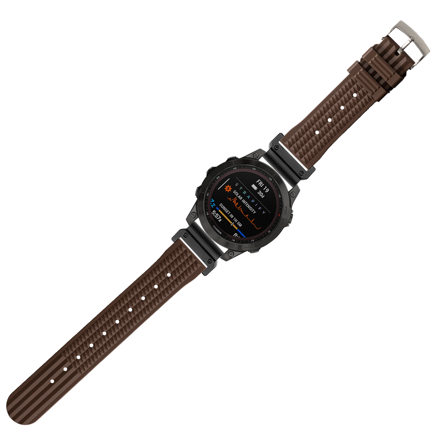 Black digital smartwatch with brown textured rubber waffle band and metal hardware on white background