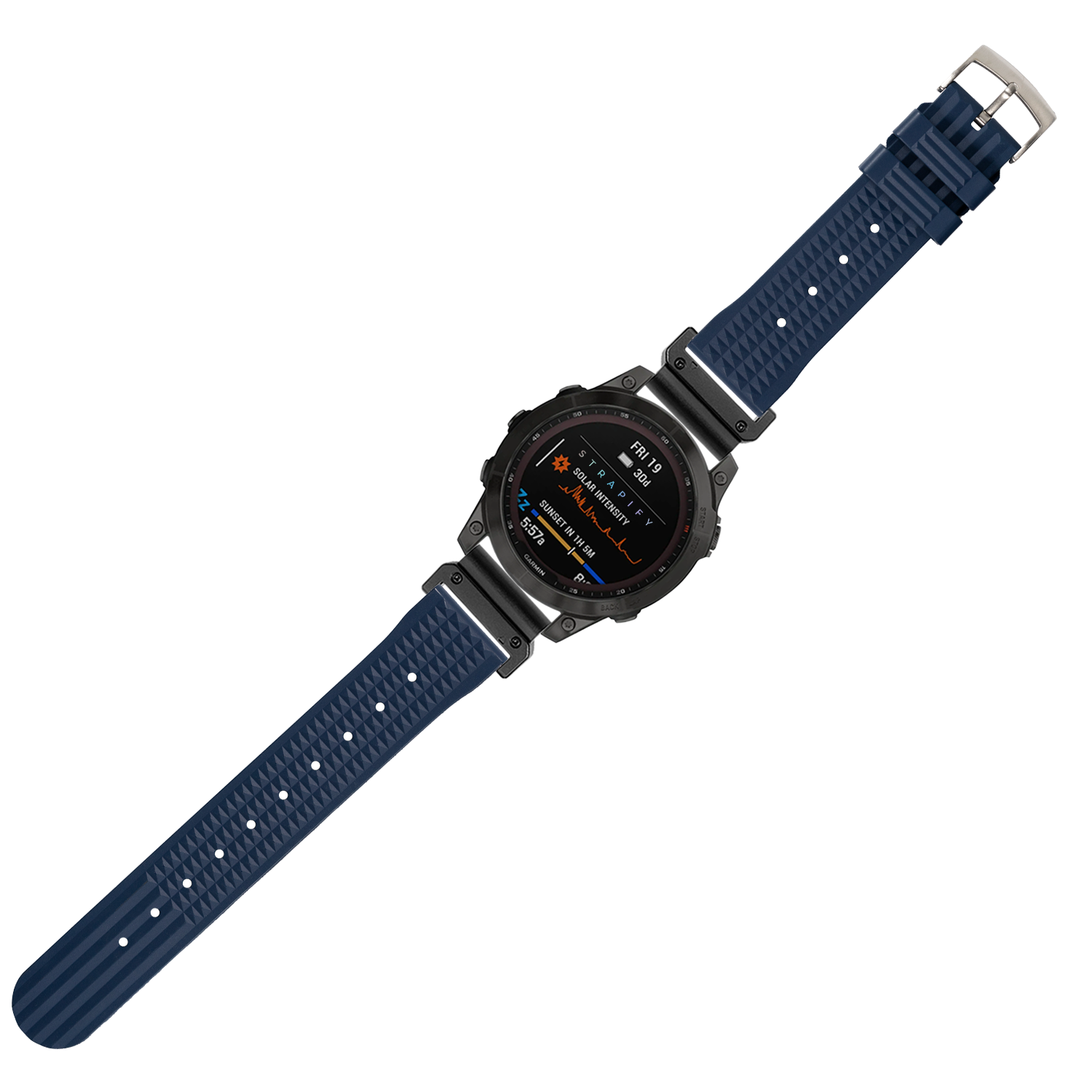 Navy blue FKM rubber smartwatch band with waffle texture pattern and quick-fit connector system, 22mm width