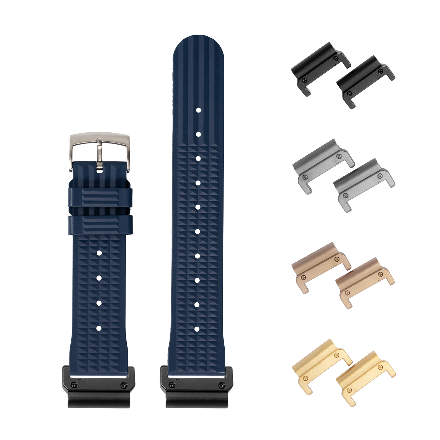 QuickFit King Waffle navy blue FKM rubber watch band 22mm with interchangeable metal lugs in black, gunmetal, rose gold and gold