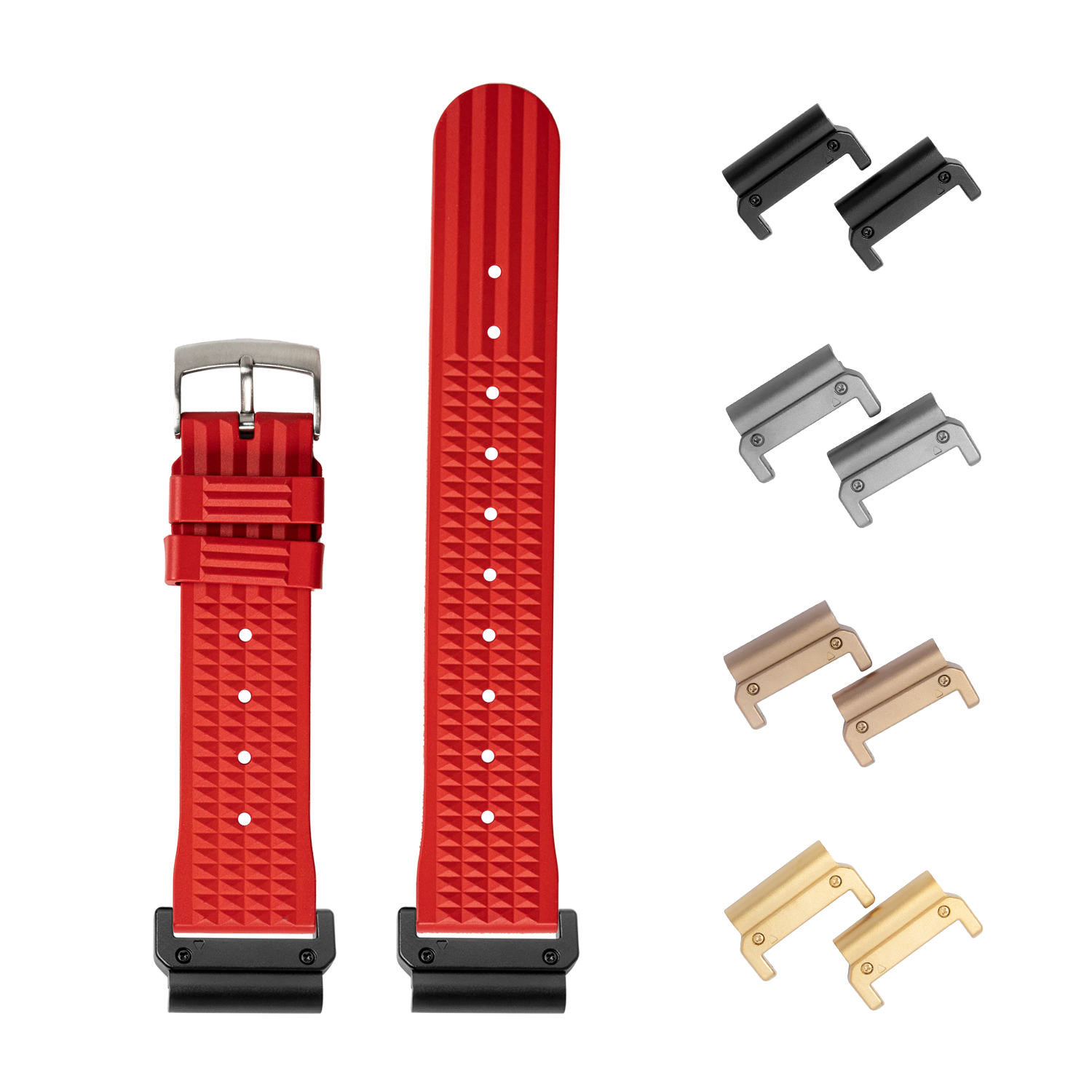 QuickFit King Waffle red FKM rubber watch strap 22mm with interchangeable steel and gold lug adapters
