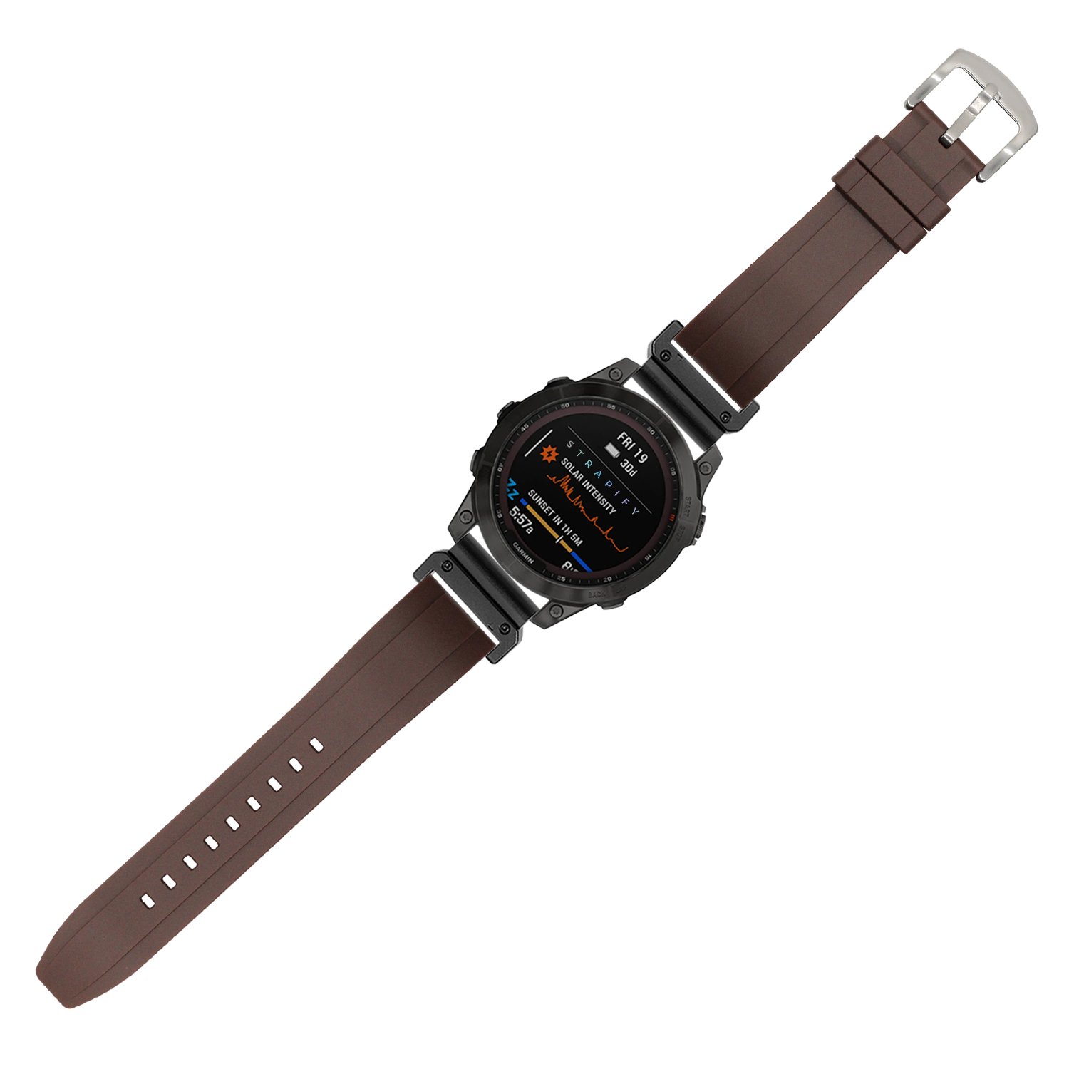 Black digital watch with brown FKM rubber strap and silver buckle, displaying AMOLED screen with fitness metrics