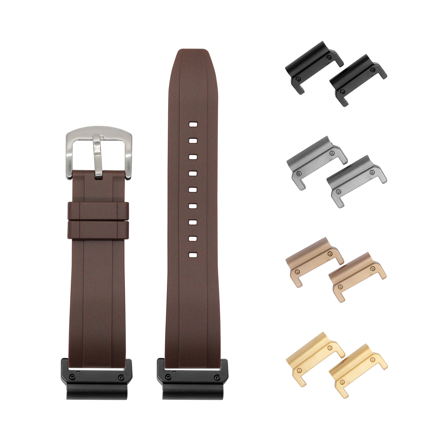 Brown rubber watch strap 22mm with quick-fit system, stainless steel buckle and interchangeable lugs in multiple finishes