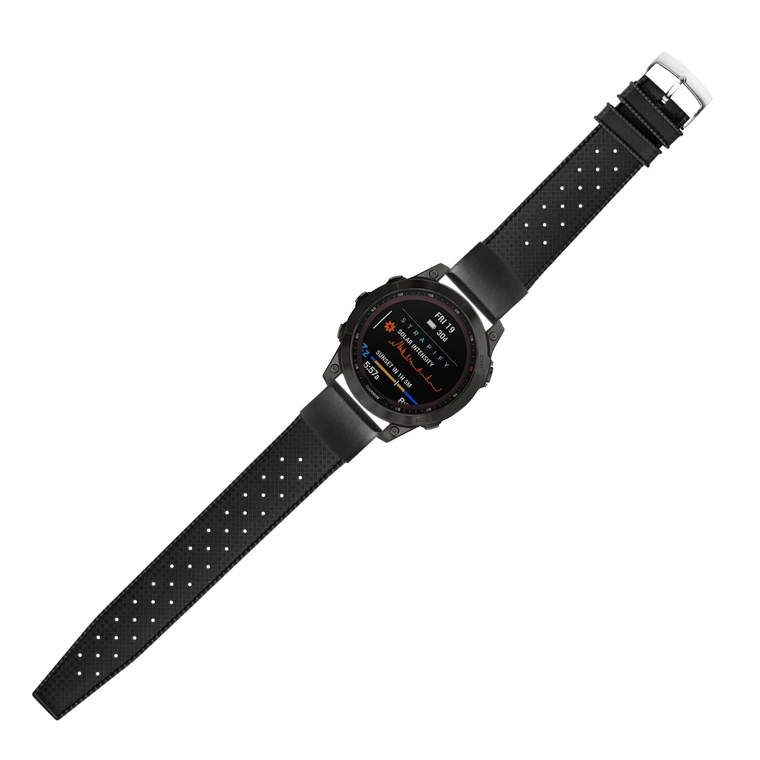 Black perforated FKM rubber watch strap with QuickFit 20mm connector and stainless steel buckle for sports watches