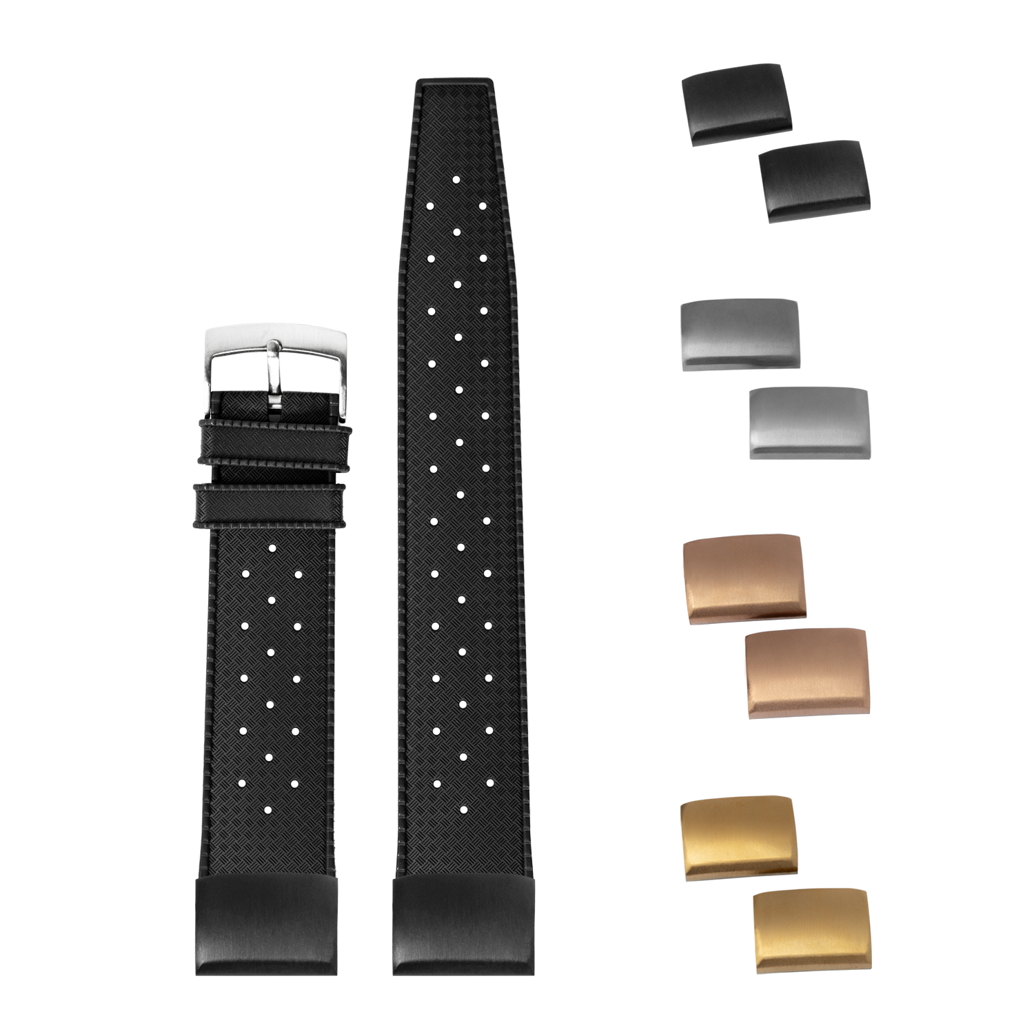 Black FKM rubber watch strap 20mm with quick-fit system, interchangeable buckles in black, silver, and gold