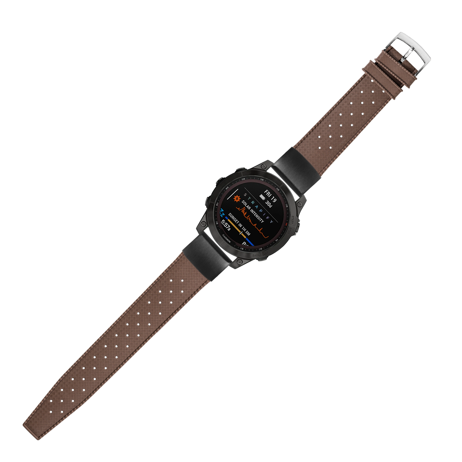 Black digital smartwatch with brown perforated FKM rubber strap and silver buckle displaying fitness metrics on AMOLED screen