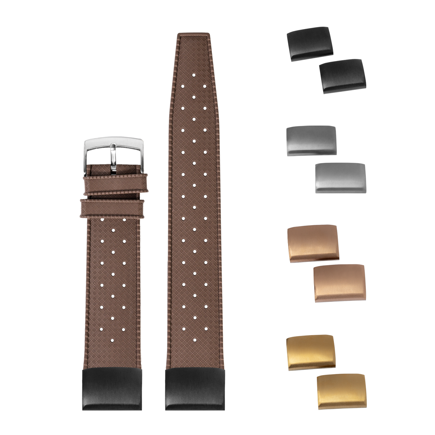 Brown FKM rubber watch strap with quick-fit system, white dot pattern, interchangeable metal buckles in silver, gold, and black finishes