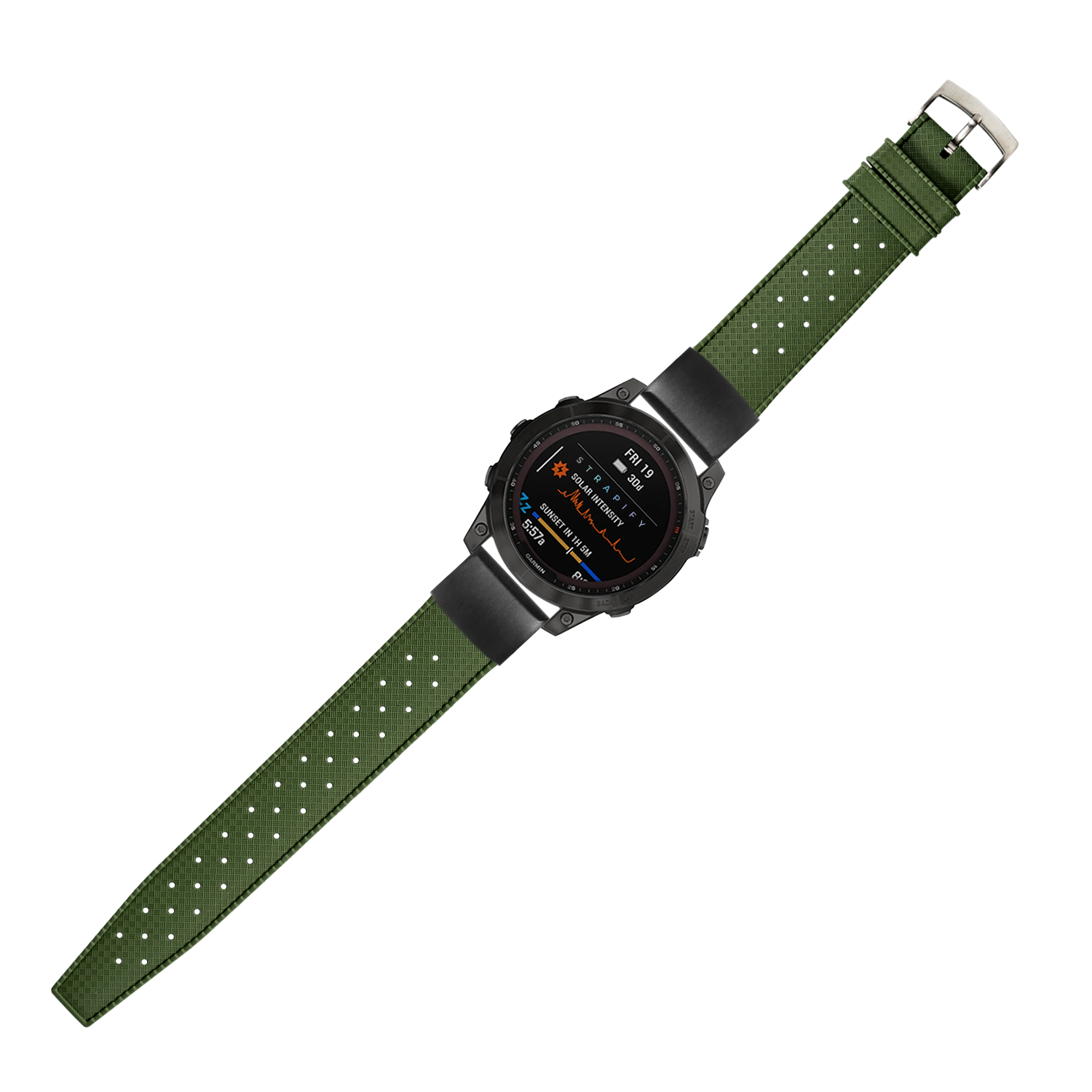 Black digital smartwatch with forest green perforated rubber strap and metal buckle on white background