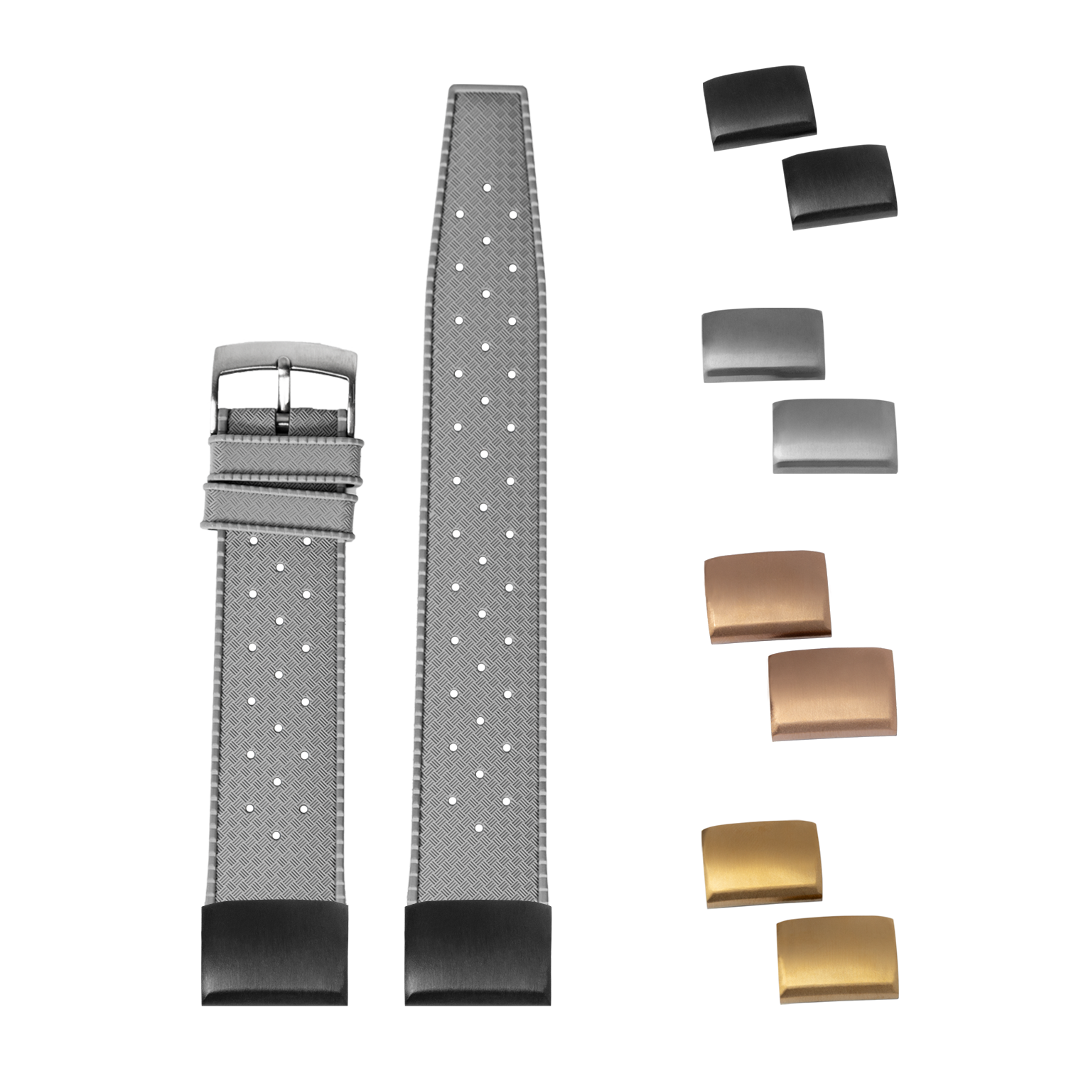 Grey rubber watch strap with white dot pattern and stainless steel buckle, shown with interchangeable metal keepers in black, silver, rose gold and gold finishes