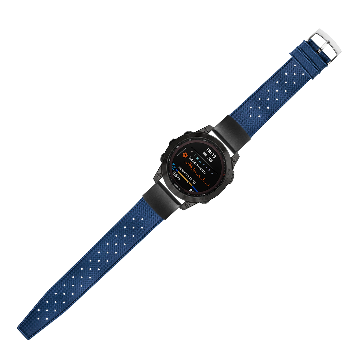 Navy blue perforated FKM rubber QuickFit watch band 20mm with black case digital smartwatch and silver buckle