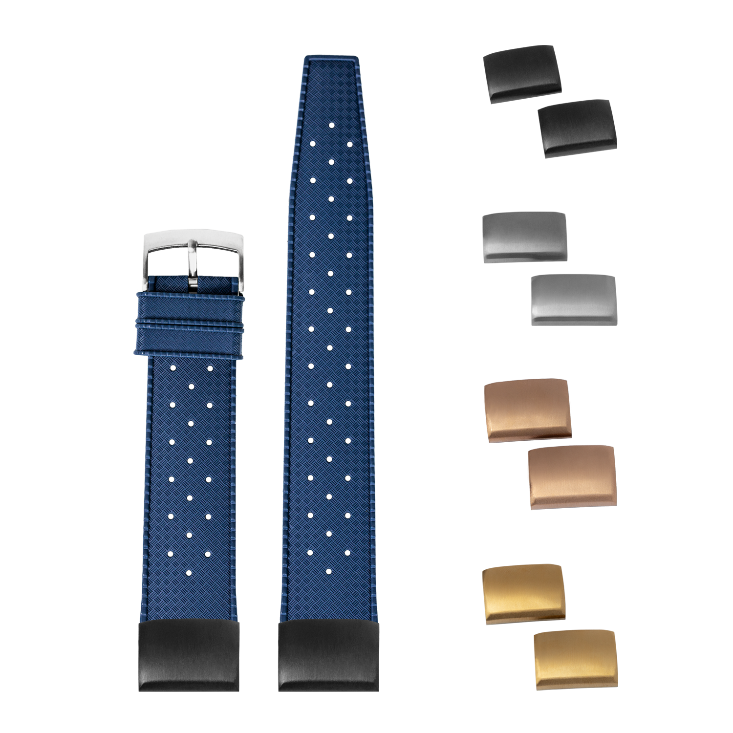 Navy blue FKM rubber watch strap with white dot pattern, quick-fit connector, and interchangeable metal buckles in black, silver, bronze, and gold finishes