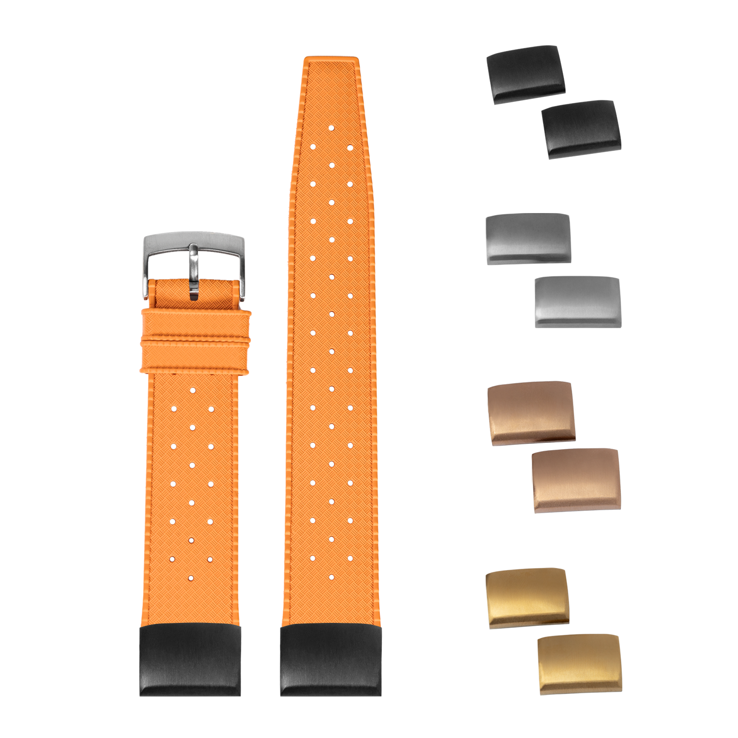 Orange QuickFit King Tropic FKM rubber watch strap 20mm with interchangeable metal buckles in silver, gold, and black finishes