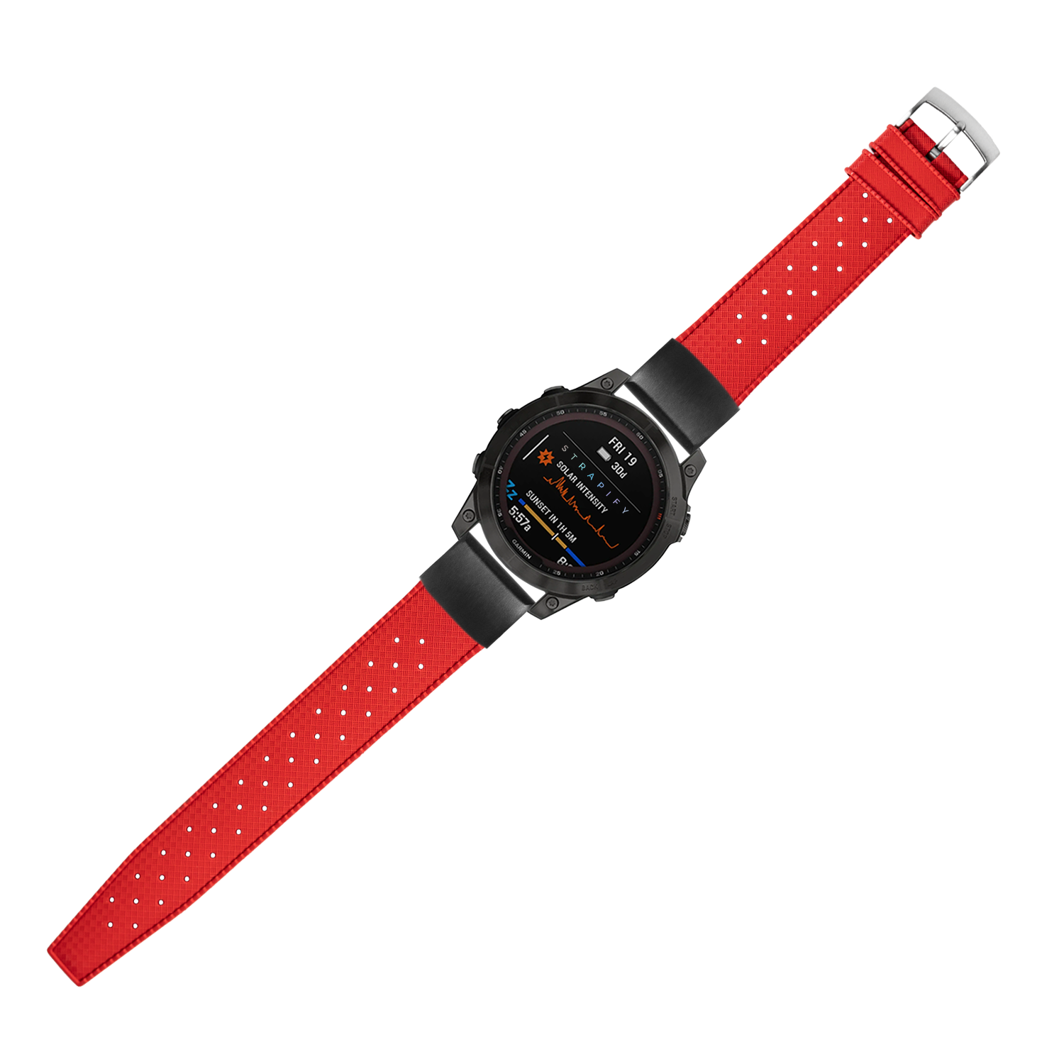 Smartwatch with black digital face and red perforated FKM rubber QuickFit band with white dots, silver buckle closure