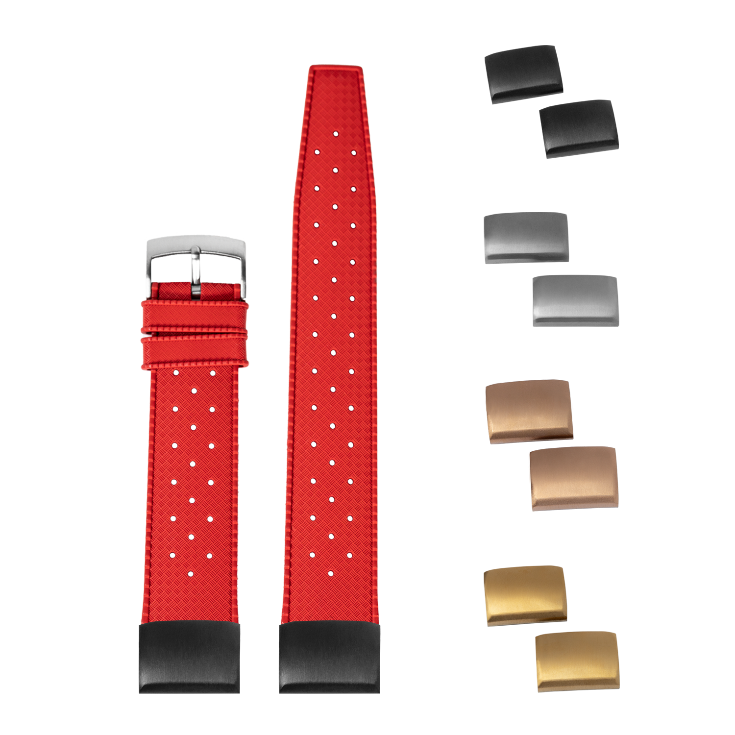 Red QuickFit King Tropic FKM rubber watch strap 20mm with white dot pattern, interchangeable metal buckles in black, silver, bronze and gold finishes