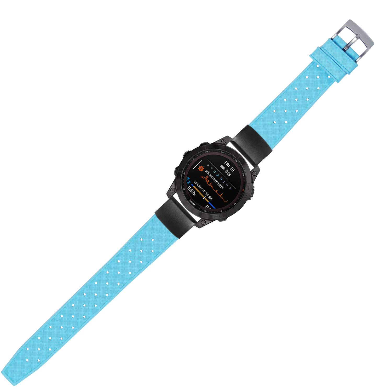 Black digital sports watch with sky blue perforated rubber strap and metal buckle, displaying fitness metrics on AMOLED screen