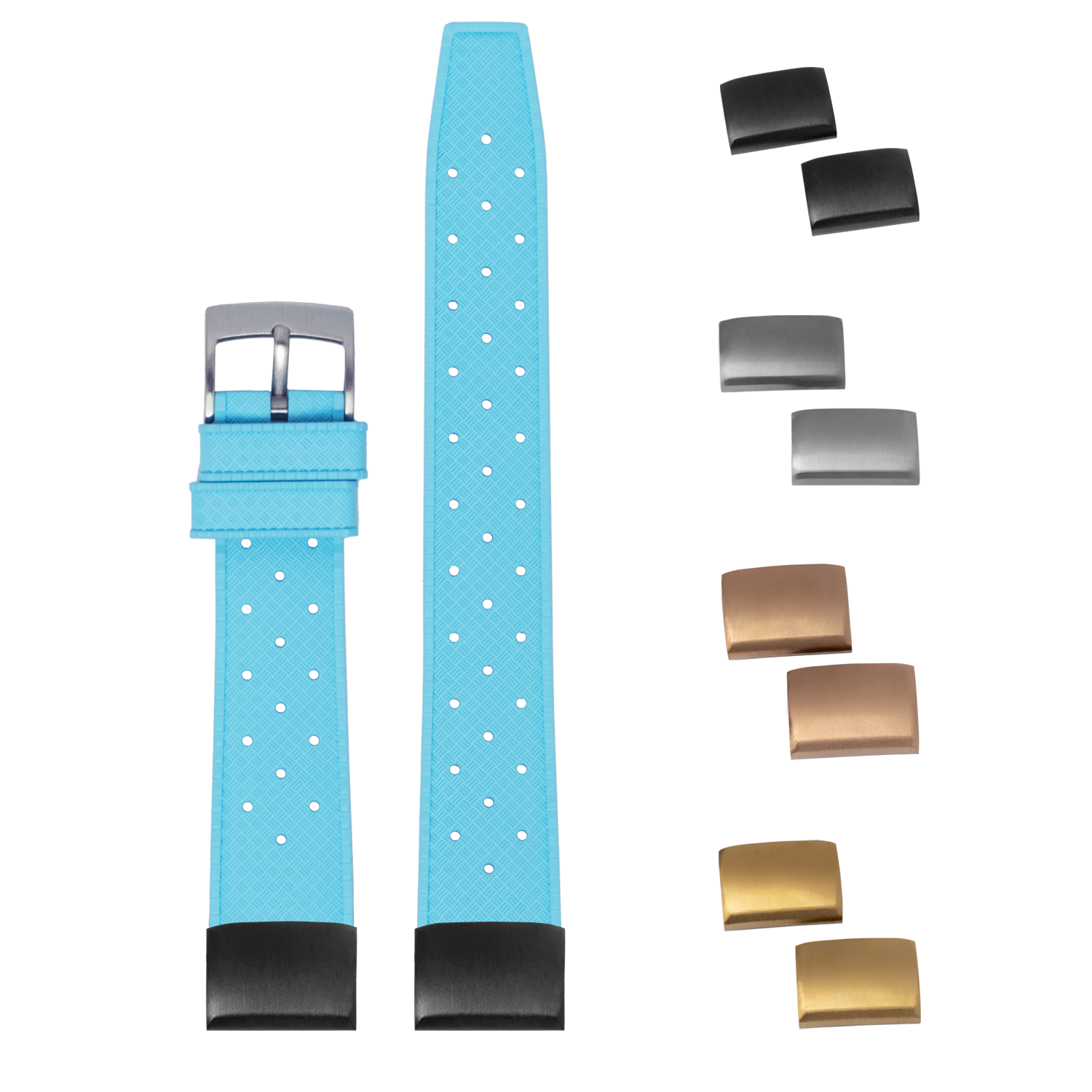 Blue perforated rubber watch strap with interchangeable buckles and metal keepers in multiple finishes