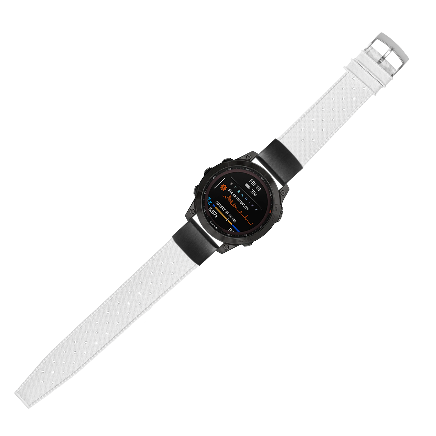 Black digital smartwatch with white perforated FKM rubber strap and metal buckle, displaying fitness metrics on AMOLED screen