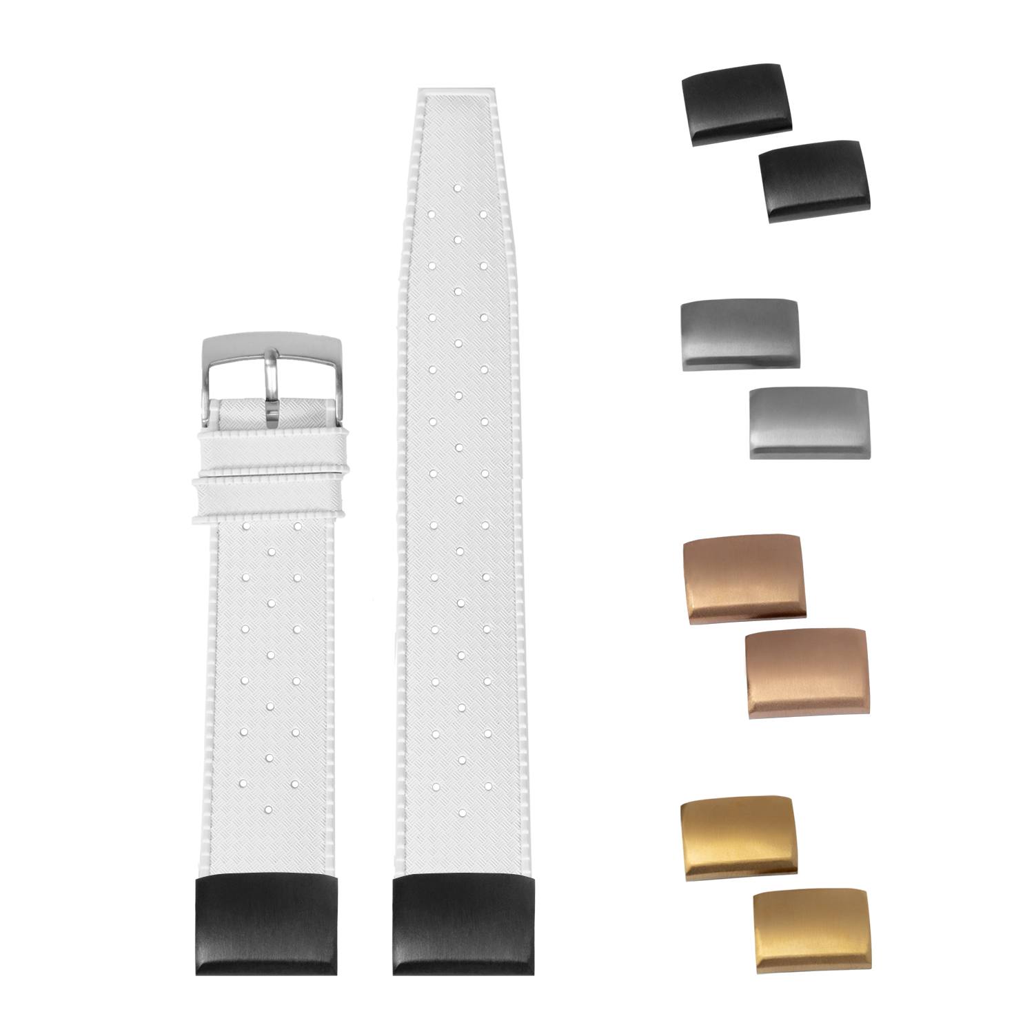 QuickFit King Tropic FKM rubber watch strap white 20mm with interchangeable metal buckles in black, silver, bronze and gold