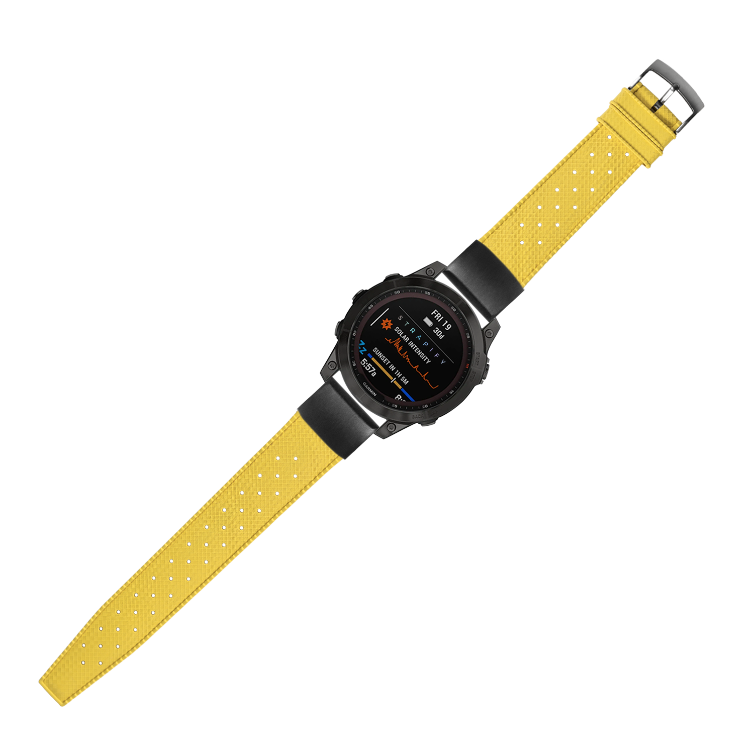 Black digital smartwatch with yellow perforated FKM rubber strap, QuickFit 20mm band with gray buckle