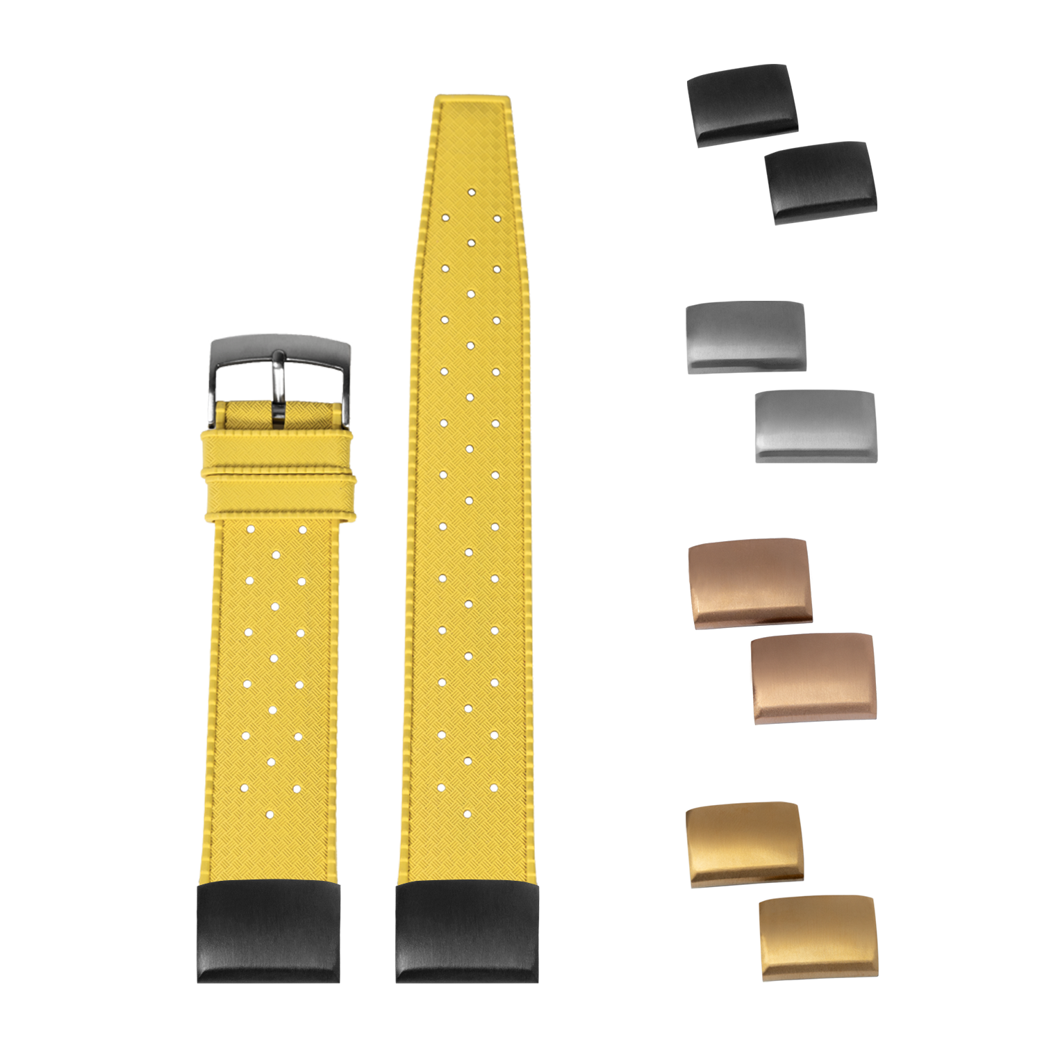 Yellow FKM rubber watch strap with quick-fit system, 20mm width, featuring perforated design and interchangeable metal buckles in black, silver, bronze and gold finishes