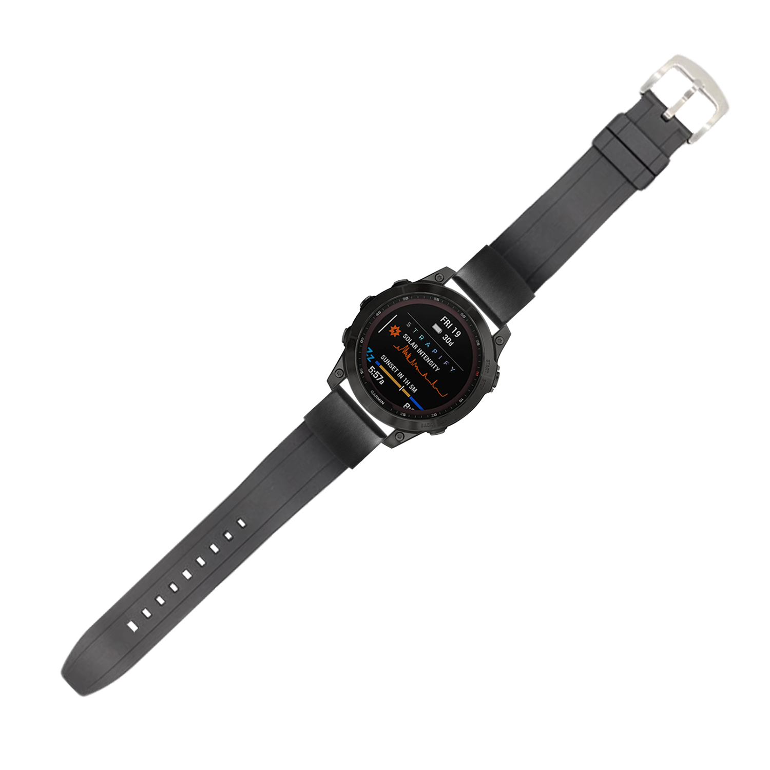 Black rubber sports watch strap with QuickFit Kingston FKM 20mm band and silver buckle