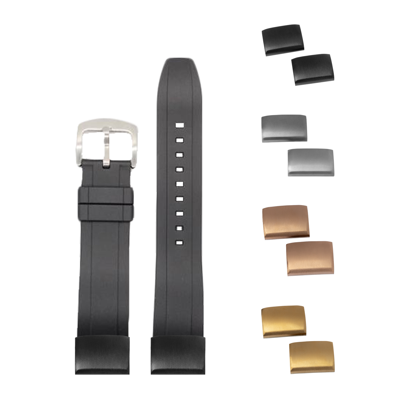 QuickFit Kingston FKM rubber watch band black 20mm with interchangeable metal buckles and end links