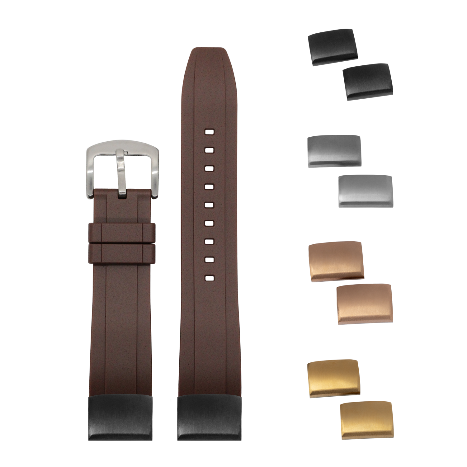 Brown FKM rubber watch band with quick-fit system, silver buckle, and interchangeable metal clasps in silver, bronze, and gold