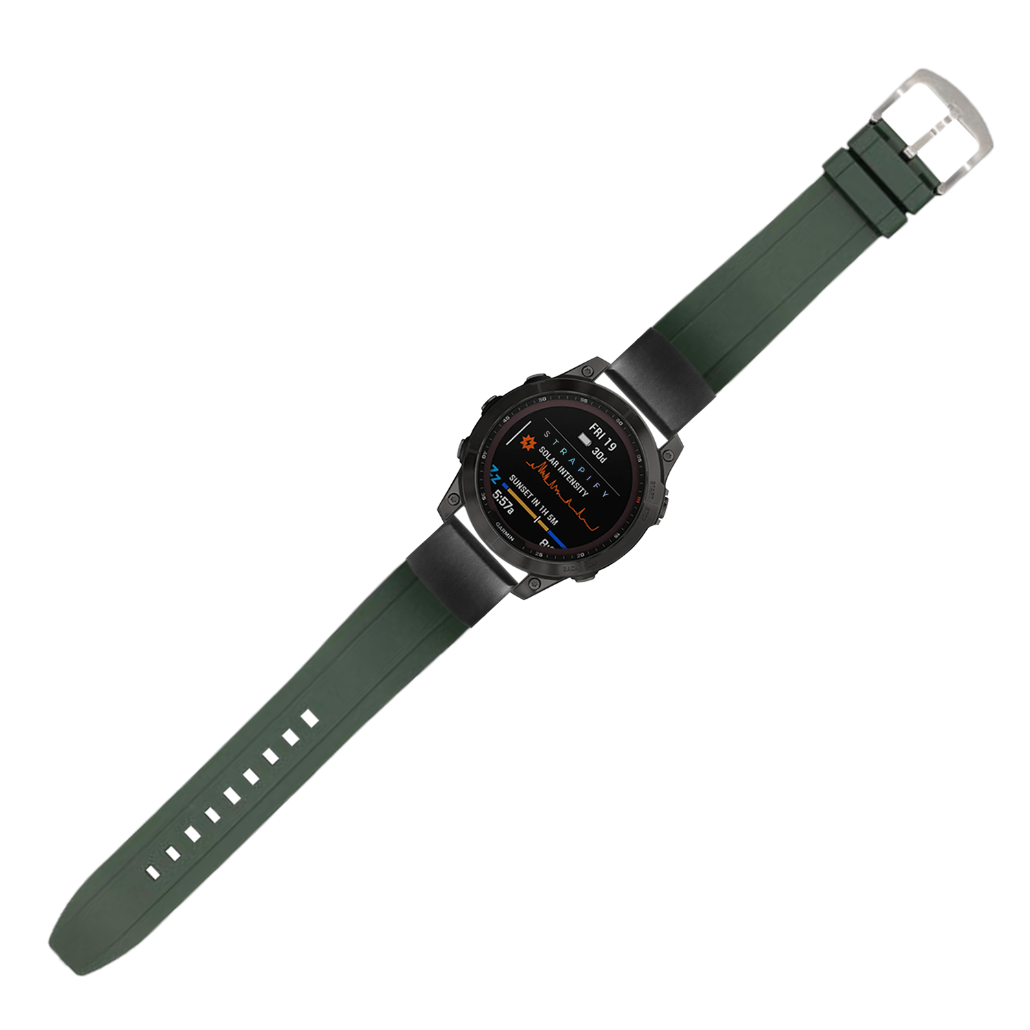 Military-style digital smartwatch with black face and forest green FKM rubber strap with silver buckle