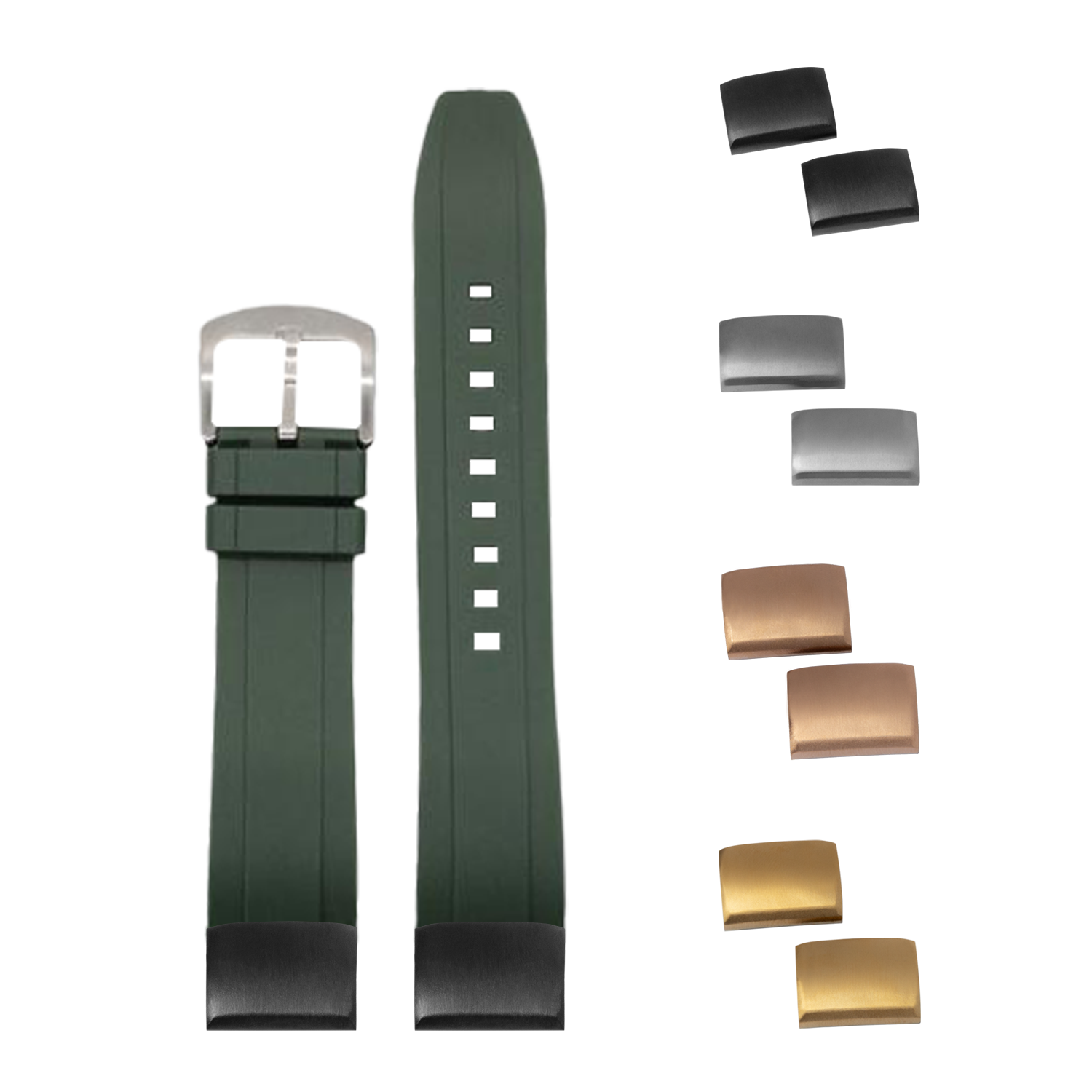 Green rubber watch strap with interchangeable metal buckles and keeper - 20mm QuickFit replacement band