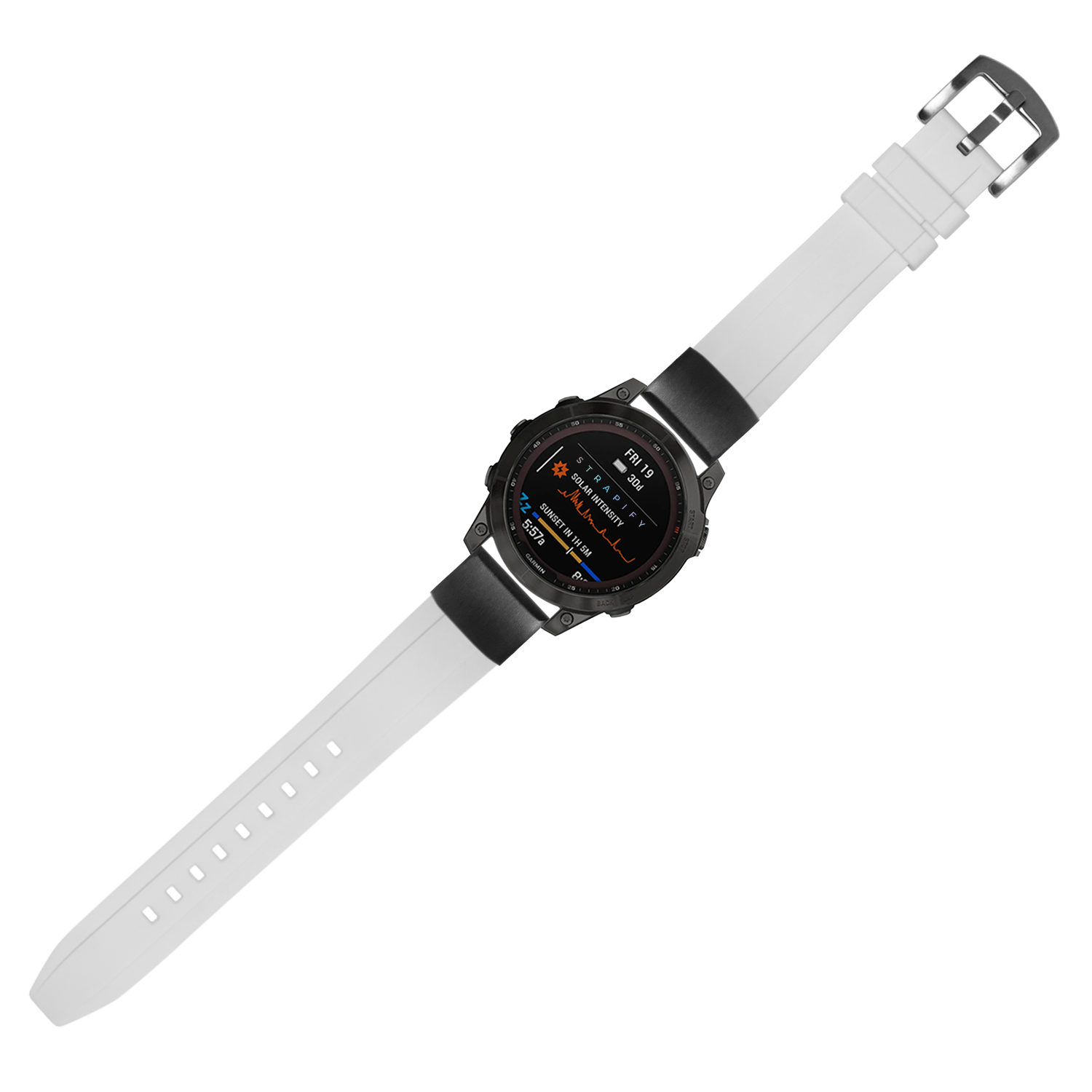Black digital smartwatch with ice white silicone sport band and QuickFit strap system, displaying fitness metrics on AMOLED screen