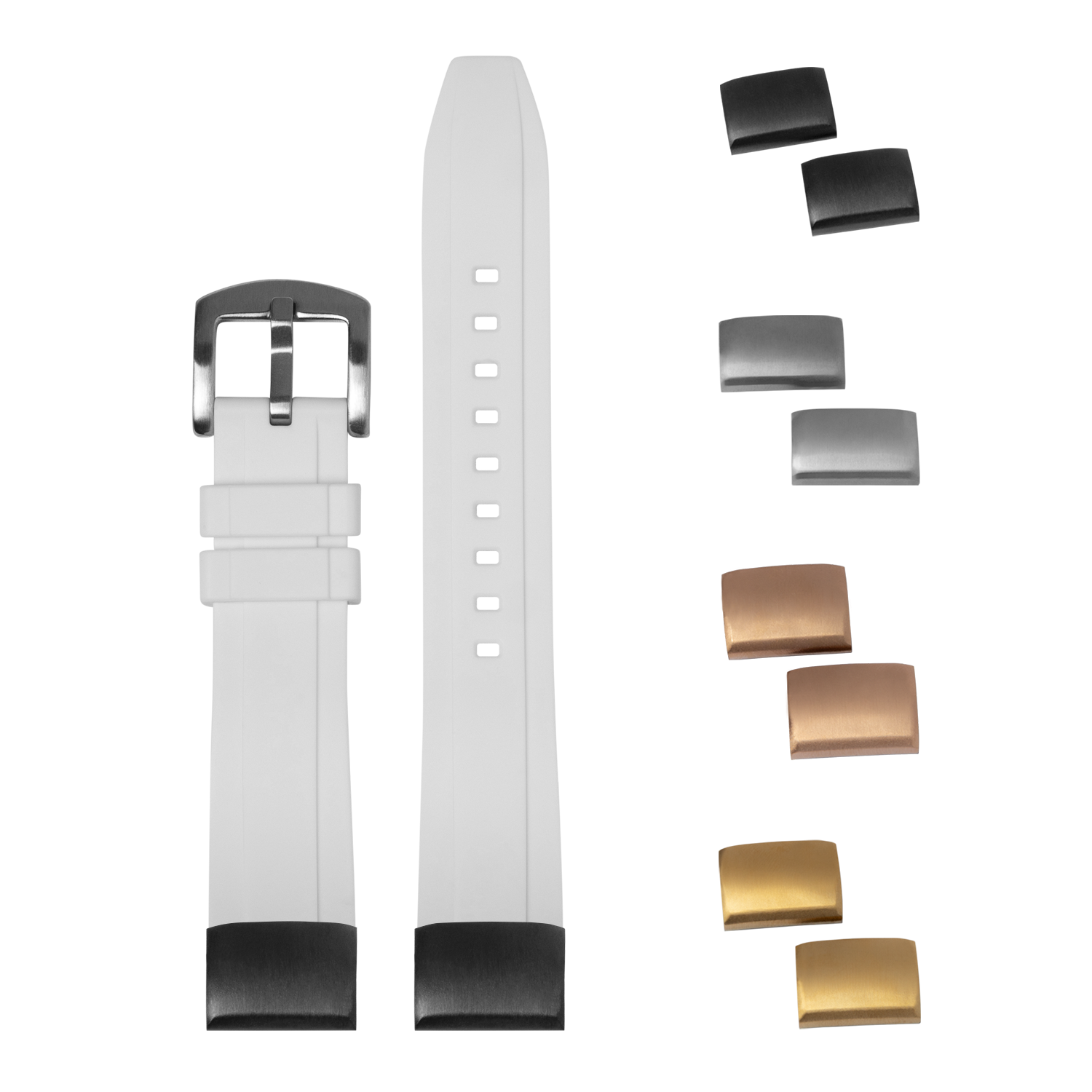 QuickFit Kingston FKM rubber watch strap ice white 20mm with interchangeable buckles and hardware in black and gold finishes